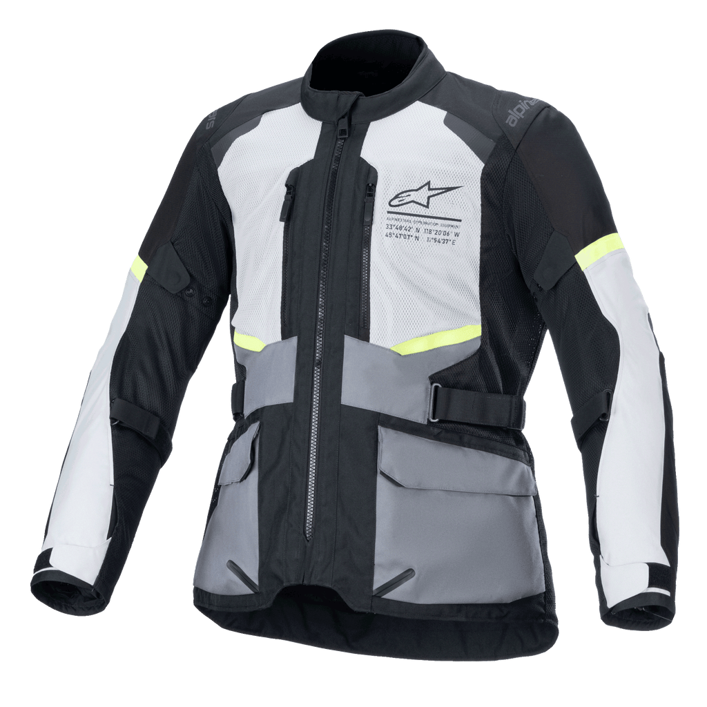 Alpinestars Andes Air Drystar Jacket, motorcycle touring jacket in Ice Gray, Dark Gray, and Black, featuring 2D mesh ventilation, CE certification, and Tech-Air compatibility