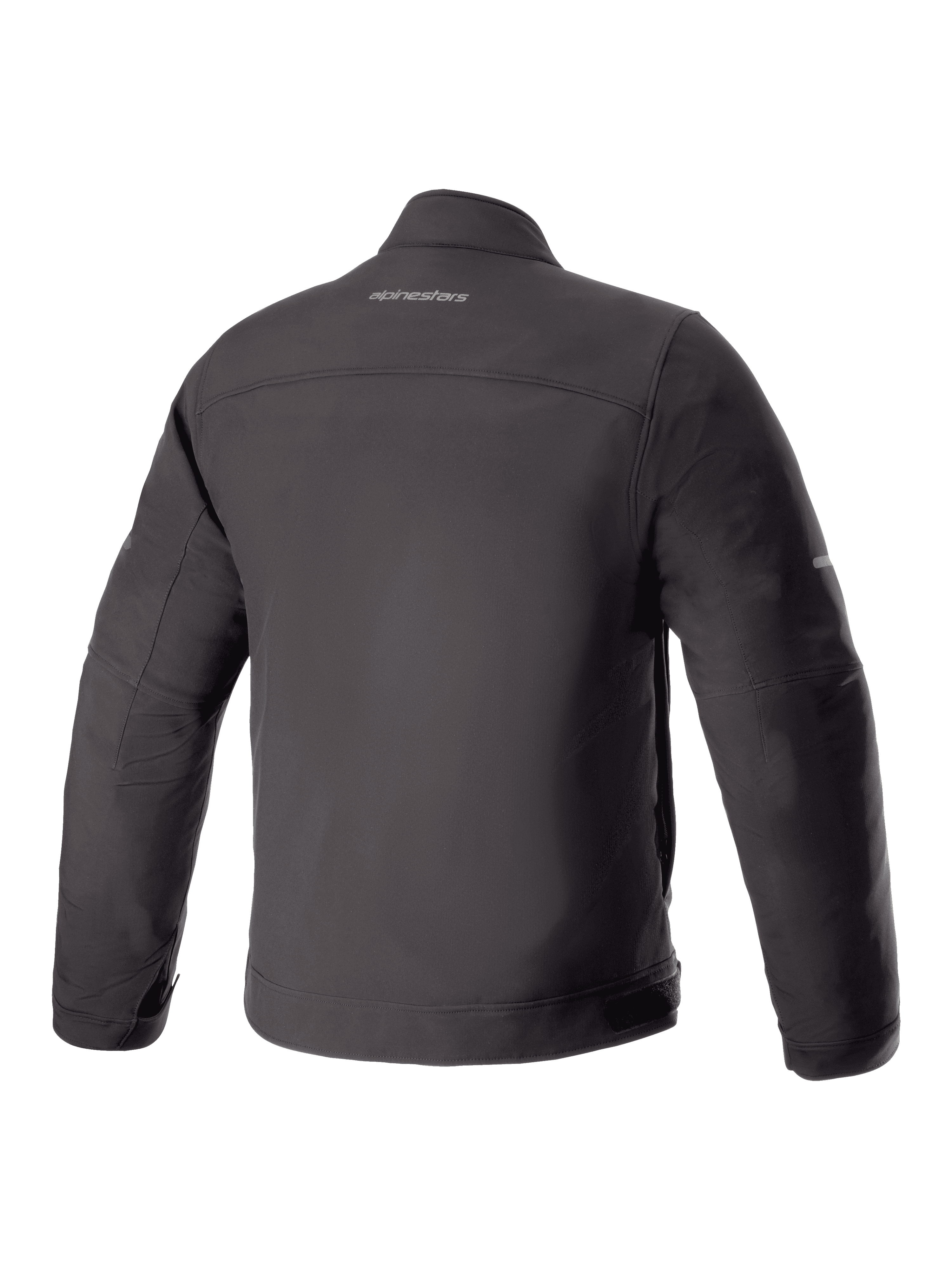 Alpinestars Husker Waterproof Jacket, kurtka motocyklowa, czarna, widok z tyłu, matowy materiał softshell, centralnie umieszczone logo Alpinestars na górnej części pleców, miejski techniczny design
