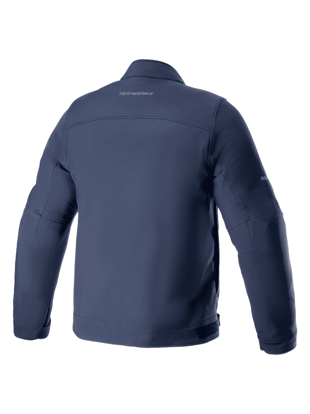Alpinestars Husker Waterproof Jacket, kurtka motocyklowa, kolor Night Navy, widok z tyłu, elastyczny materiał softshell z subtelnym brandingiem na górnej części pleców, miejski styl, właściwości wodoodporne i wiatroszczelne