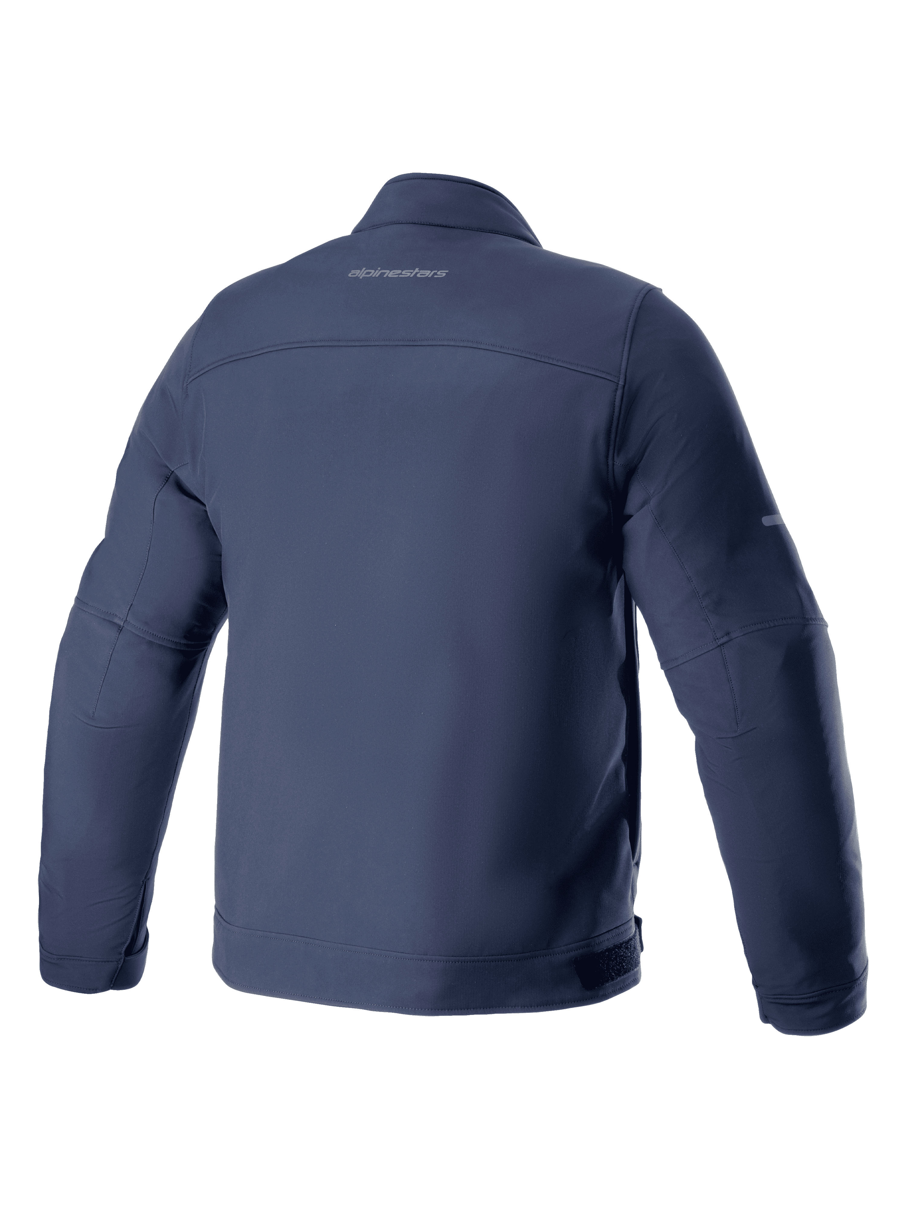 Alpinestars Husker Waterproof Jacket, kurtka motocyklowa, kolor Night Navy, widok z tyłu, elastyczny materiał softshell z subtelnym brandingiem na górnej części pleców, miejski styl, właściwości wodoodporne i wiatroszczelne