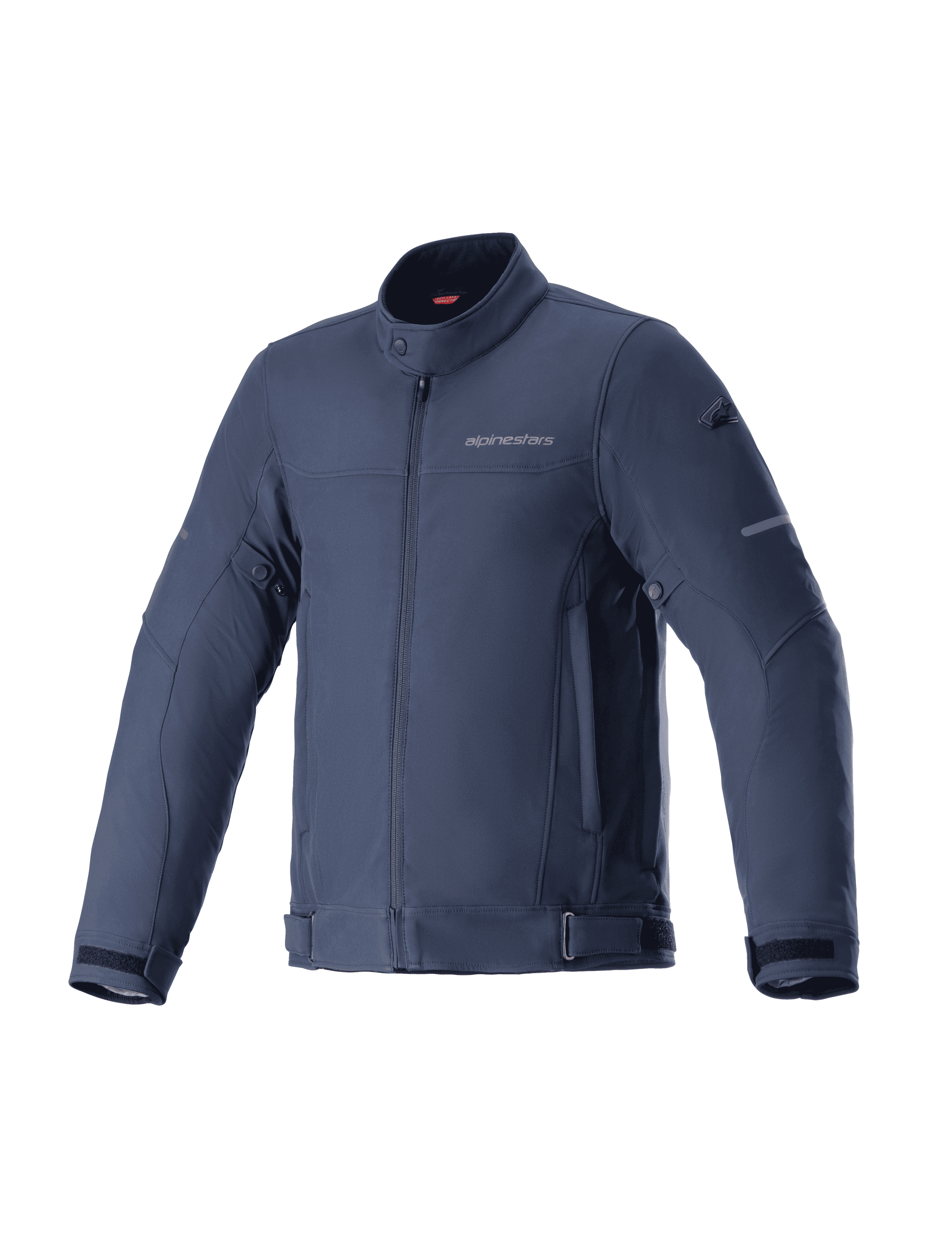 Alpinestars Husker Waterproof Jacket, kurtka motocyklowa, Night Navy, ciemnoniebieski elastyczny softshell z wysokim kołnierzem i zamkiem błyskawicznym z przodu, regulowane paski w talii i na rękawach, subtelne logo na klatce piersiowej, odzież do jazdy miejskiej i szosowej