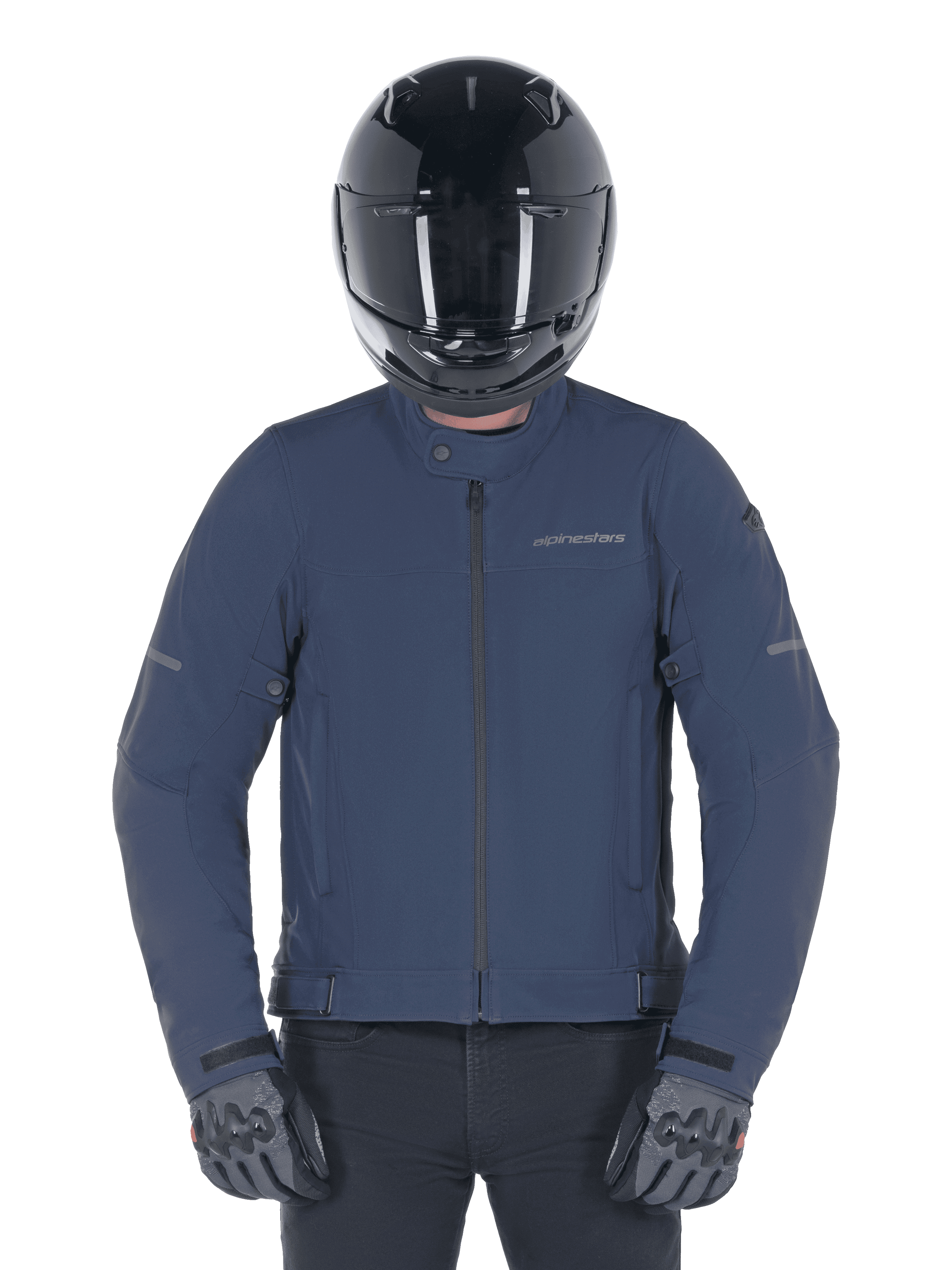 Alpinestars Husker Waterproof Jacket, kolor Night Navy, miejska kurtka motocyklowa, czarny kask integralny i szare rękawice, techniczny materiał softshell, subtelne logo