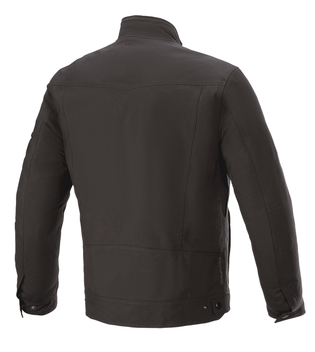 Alpinestars Solano Waterproof Jacket, czarna, widok z tyłu, miejska kurtka motocyklowa, wodoodporna konstrukcja tekstylna, prosty kołnierz, subtelny detal z logo na dole pleców