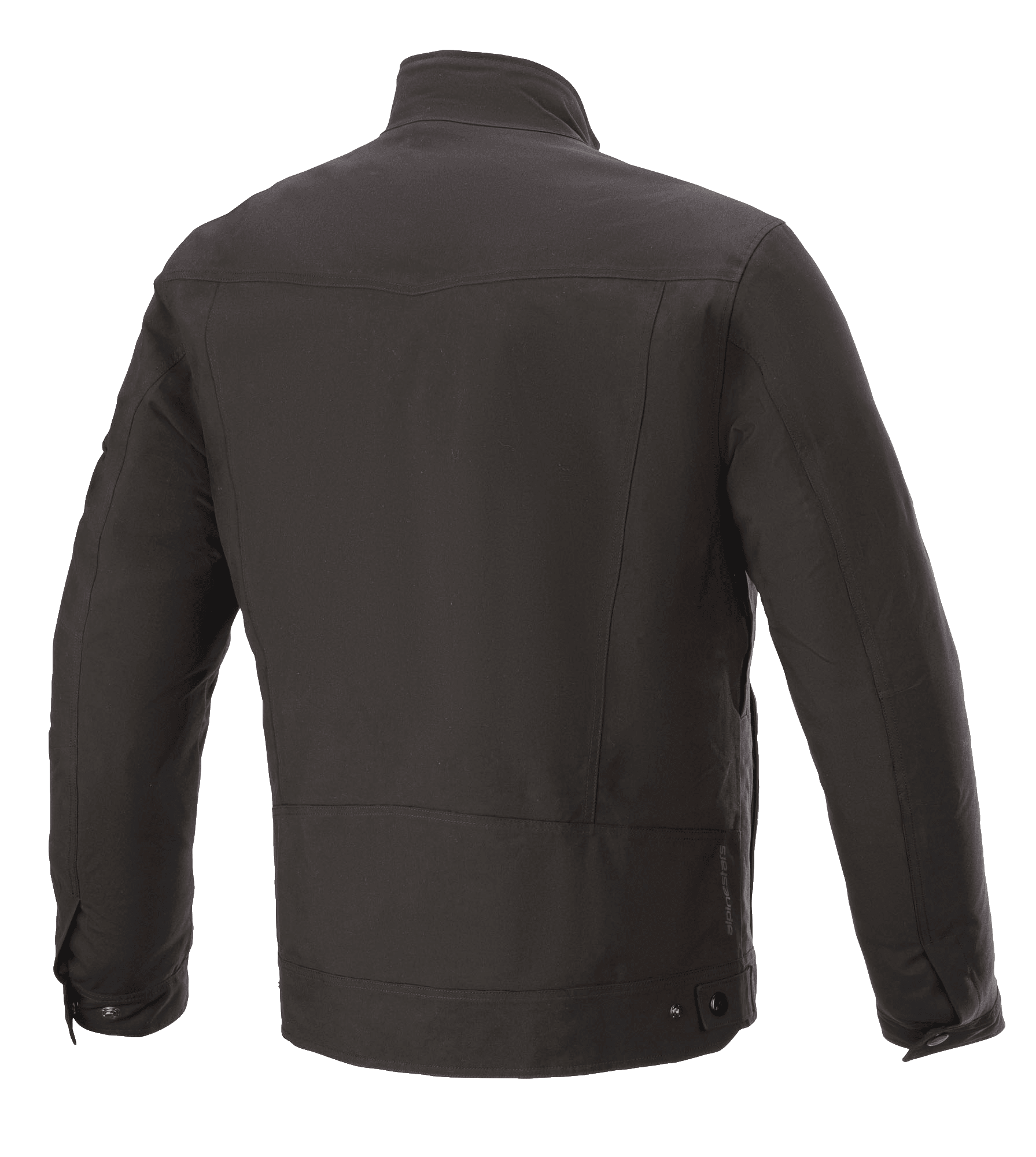 Alpinestars Solano Waterproof Jacket, czarna, widok z tyłu, miejska kurtka motocyklowa, wodoodporna konstrukcja tekstylna, prosty kołnierz, subtelny detal z logo na dole pleców
