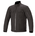 Alpinestars Solano Waterproof Jacket, miejska kurtka motocyklowa, czarna, wysoki prosty kołnierz z centralnym wodoodpornym zamkiem, dwie kieszenie na piersi zapinane na guziki, kieszeń na rękawie zapinana na zamek, swobodna konstrukcja tekstylna o gładkim wykończeniu