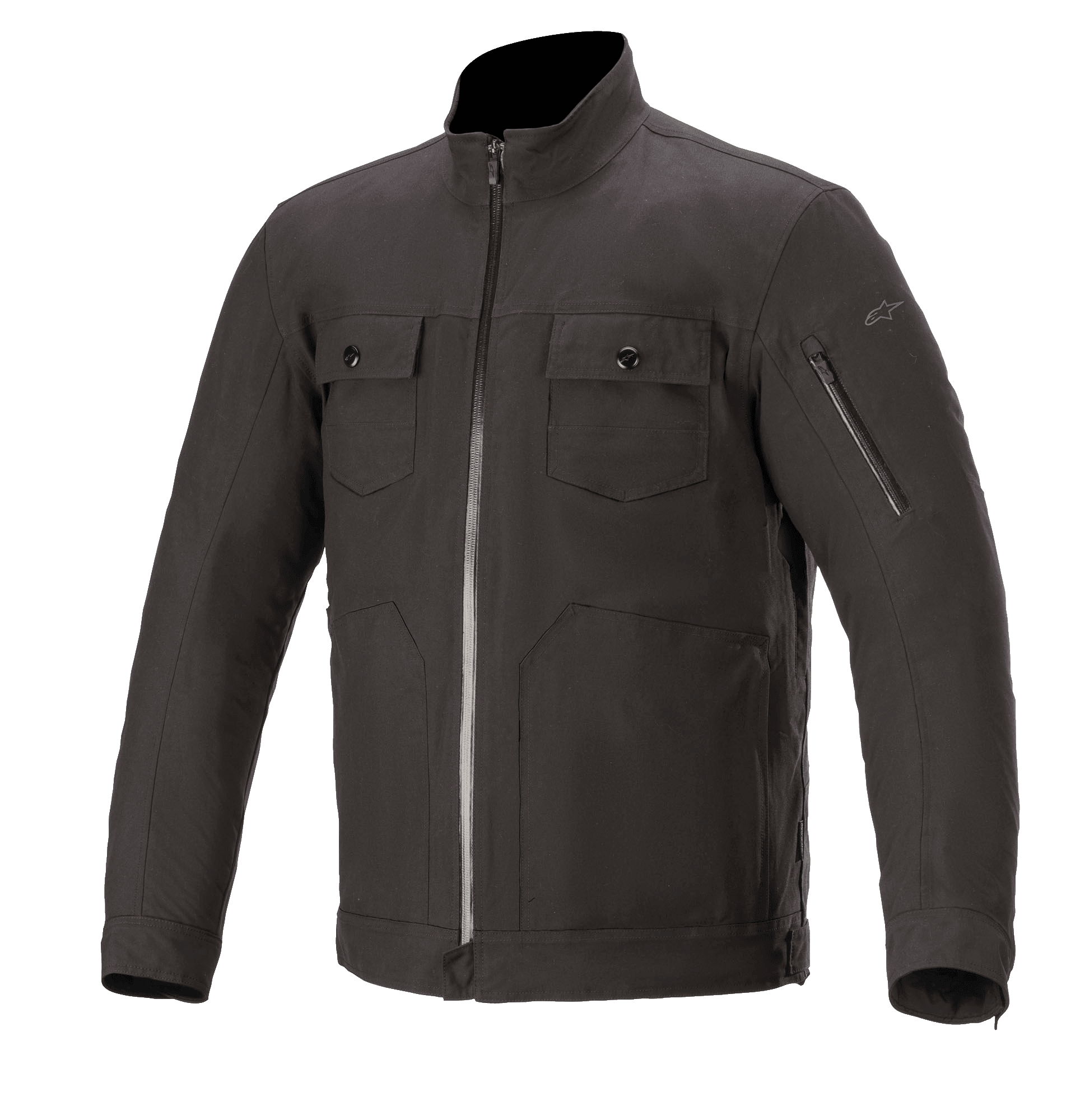 Alpinestars Solano Waterproof Jacket, miejska kurtka motocyklowa, czarna, wysoki prosty kołnierz z centralnym wodoodpornym zamkiem, dwie kieszenie na piersi zapinane na guziki, kieszeń na rękawie zapinana na zamek, swobodna konstrukcja tekstylna o gładkim wykończeniu