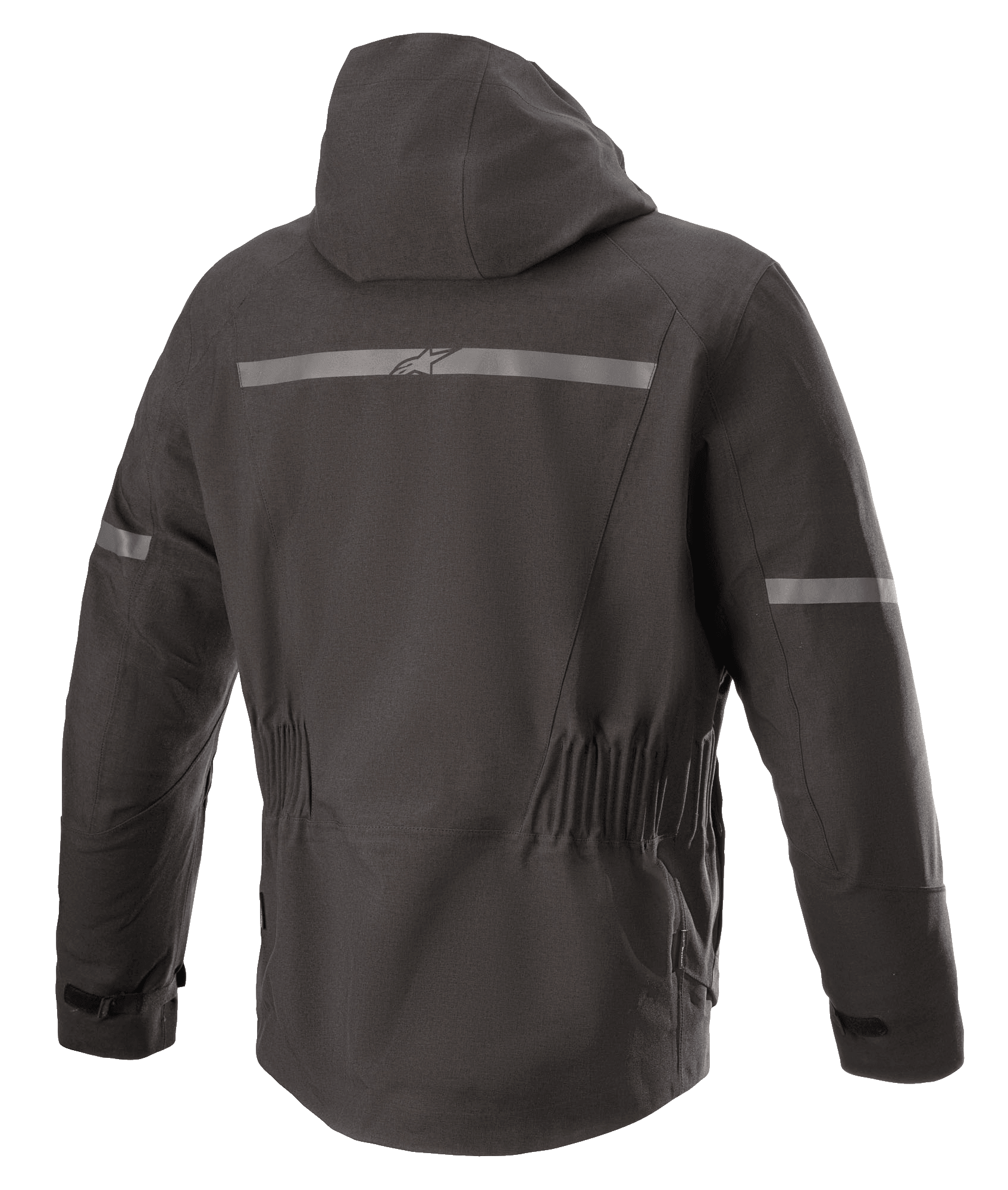 Kurtka Alpinestars Sirius Drystar® Techshell, kurtka motocyklowa, Melange Black, widok z tyłu ze zintegrowanym kapturem, odblaskowy pasek z logo Alpinestars, elastyczna talia i wydłużony tył dla lepszej osłony podczas jazdy.