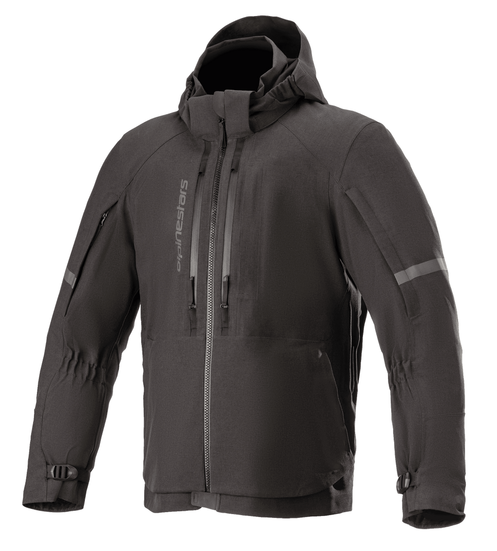 Alpinestars Sirius Drystar Techshell Jacket, wodoodporna kurtka motocyklowa, czarny melanż, tekstylny fason z kapturem, pionowe zamki na klatce piersiowej, odblaskowe paski na rękawach i regulowane mankiety z klamrami