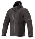 Alpinestars Sirius Drystar Techshell Jacket, wodoodporna kurtka motocyklowa, czarny melanż, tekstylny fason z kapturem, pionowe zamki na klatce piersiowej, odblaskowe paski na rękawach i regulowane mankiety z klamrami