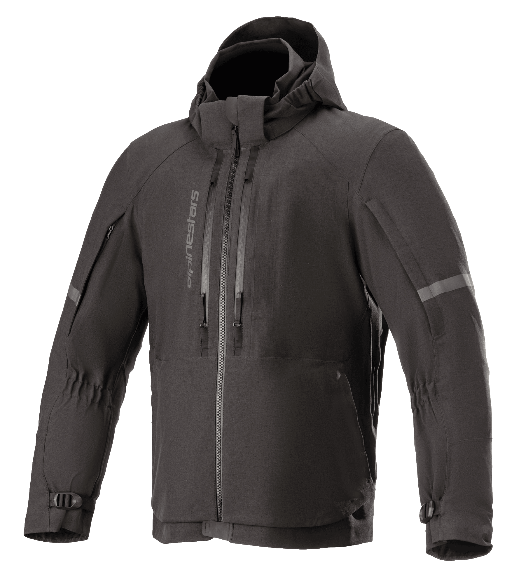Alpinestars Sirius Drystar Techshell Jacket, wodoodporna kurtka motocyklowa, czarny melanż, tekstylny fason z kapturem, pionowe zamki na klatce piersiowej, odblaskowe paski na rękawach i regulowane mankiety z klamrami