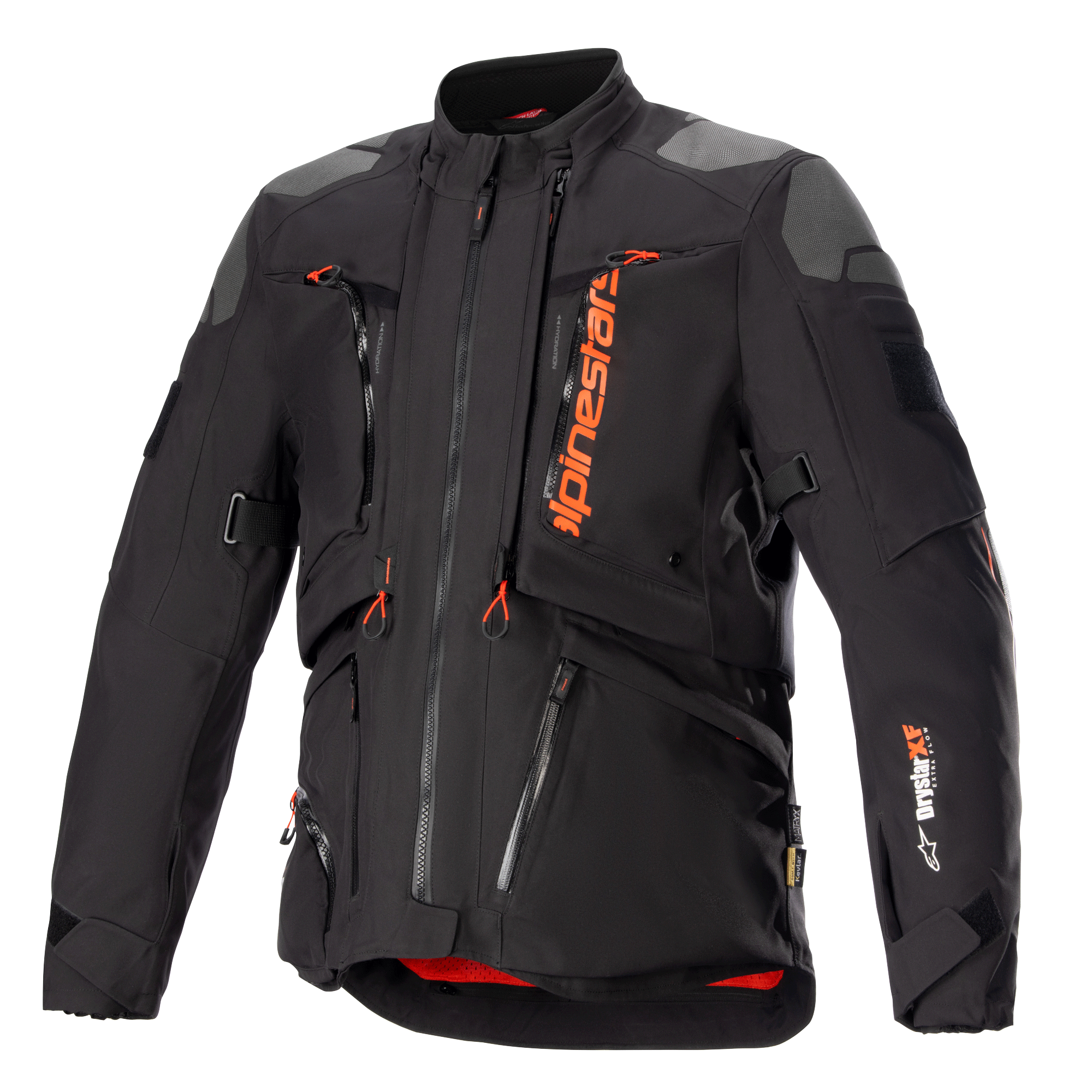 Alpinestars AMT-10R Drystar XF Jacket, motocyklowa kurtka turystyczna adventure, czarna z pomarańczowymi akcentami, szare wzmocnienia na ramionach, liczne zamki z pomarańczowymi uchwytami, regulowane paski, czerwona podszewka, techniczna odzież ochronna