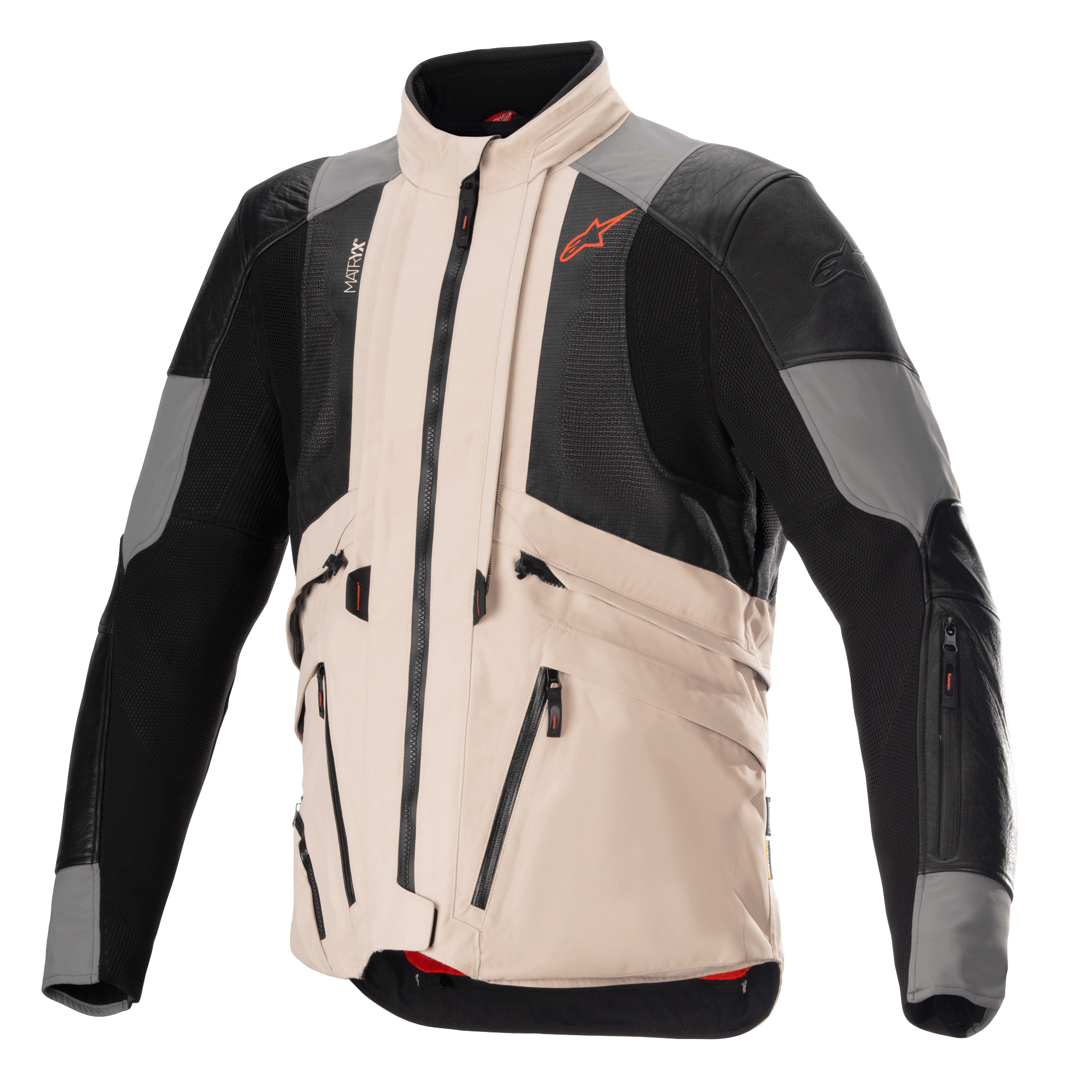 Kurtka Alpinestars AMT-10R Drystar XF w konfiguracji na upały, motocyklowa kurtka Adventure, kolor szary i jasnobrązowy z czarnymi panelami z siatki, modułowa konstrukcja zapewniająca maksymalny przepływ powietrza, liczne kieszenie i pomarańczowe logo Alpinestars na klatce piersiowej