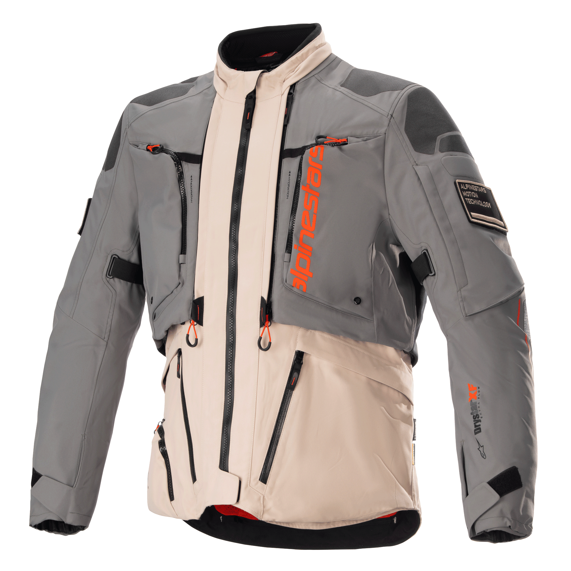 Kurtka Alpinestars AMT-10R Drystar XF, motocyklowa kurtka turystyczna adventure, szara i jasnobrązowa z pomarańczowymi akcentami Spicy Orange, modułowa konstrukcja tekstylna z zamkami z przodu, wzmocnione panele na ramionach i łokciach oraz wysoki kołnierz, profesjonalna ochronna odzież motocyklowa