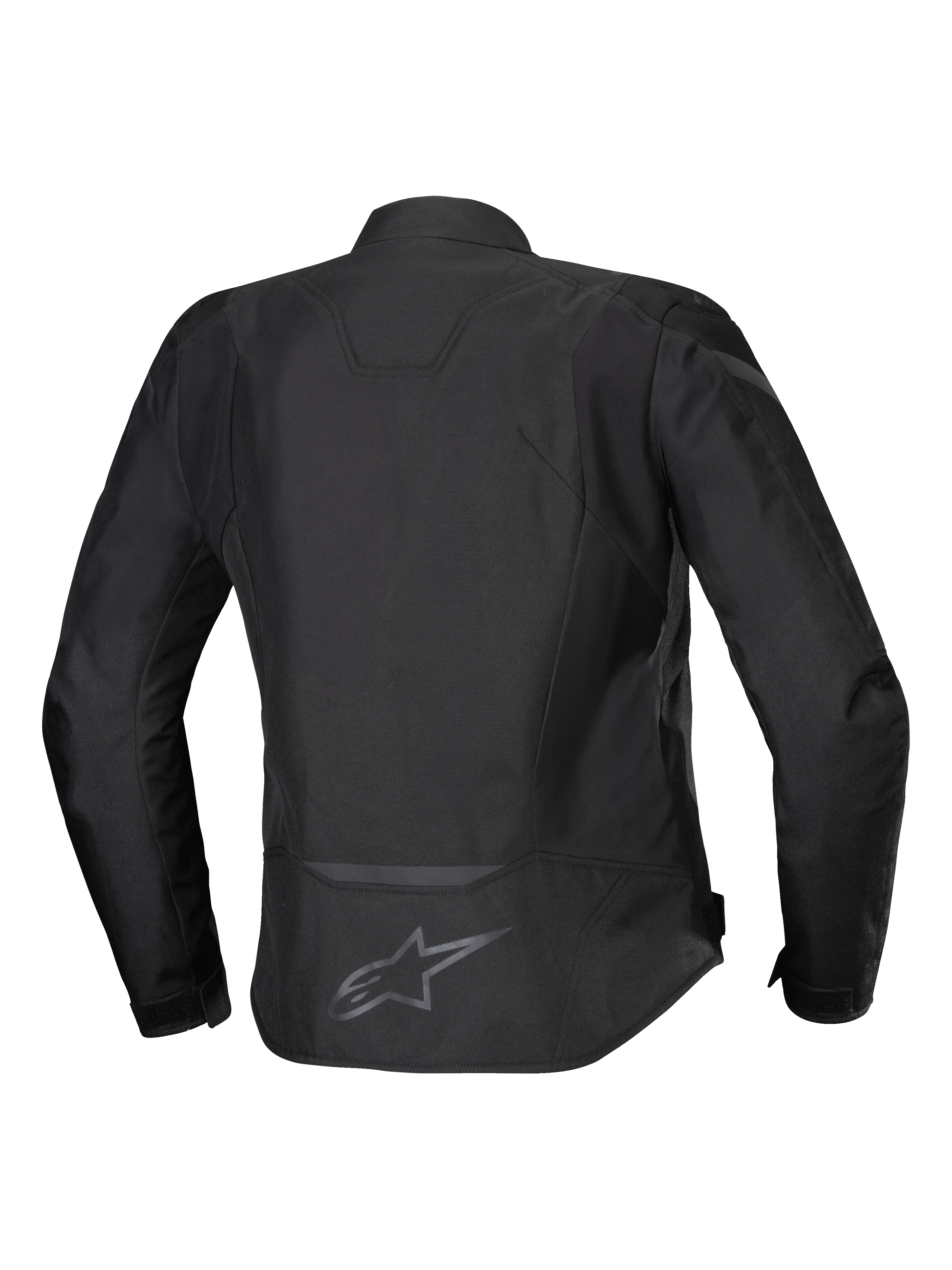 Alpinestars Stella T-Jaws V4 Waterproof Jacket, Women's Textile Motorcycle Jacket, Black on Black, rear view showing ergonomic sport silhouette, reflective detailing, and logo on the lower back.