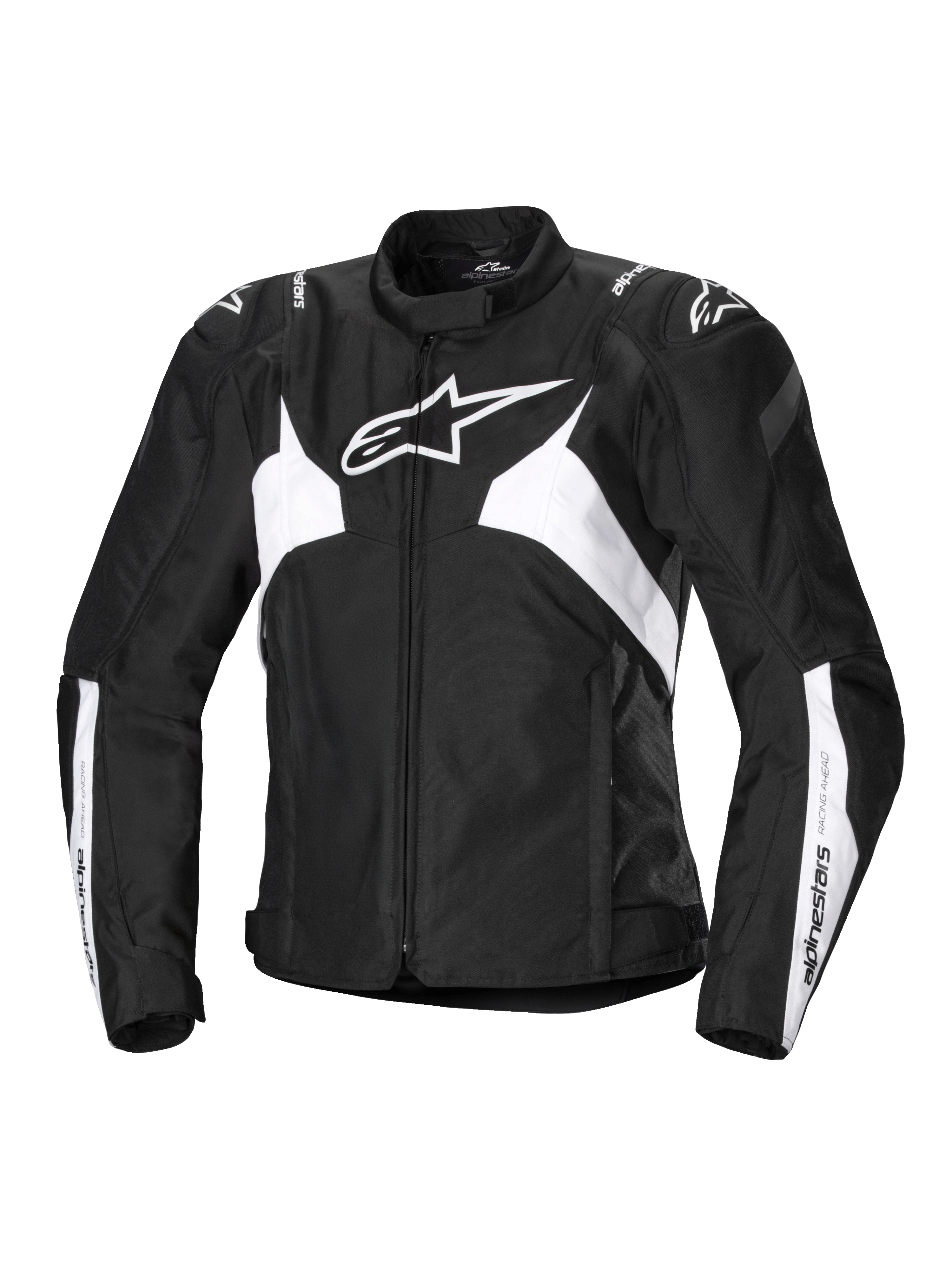 Alpinestars Stella T-Jaws V4 Waterproof Jacket, Women's Sport Motorcycle Jacket, Black and White, featuring a prominent white star logo on the chest, angular white panels on the torso and sleeves, and GP Lite shoulder reinforcements in a fitted 3D sport silhouette.