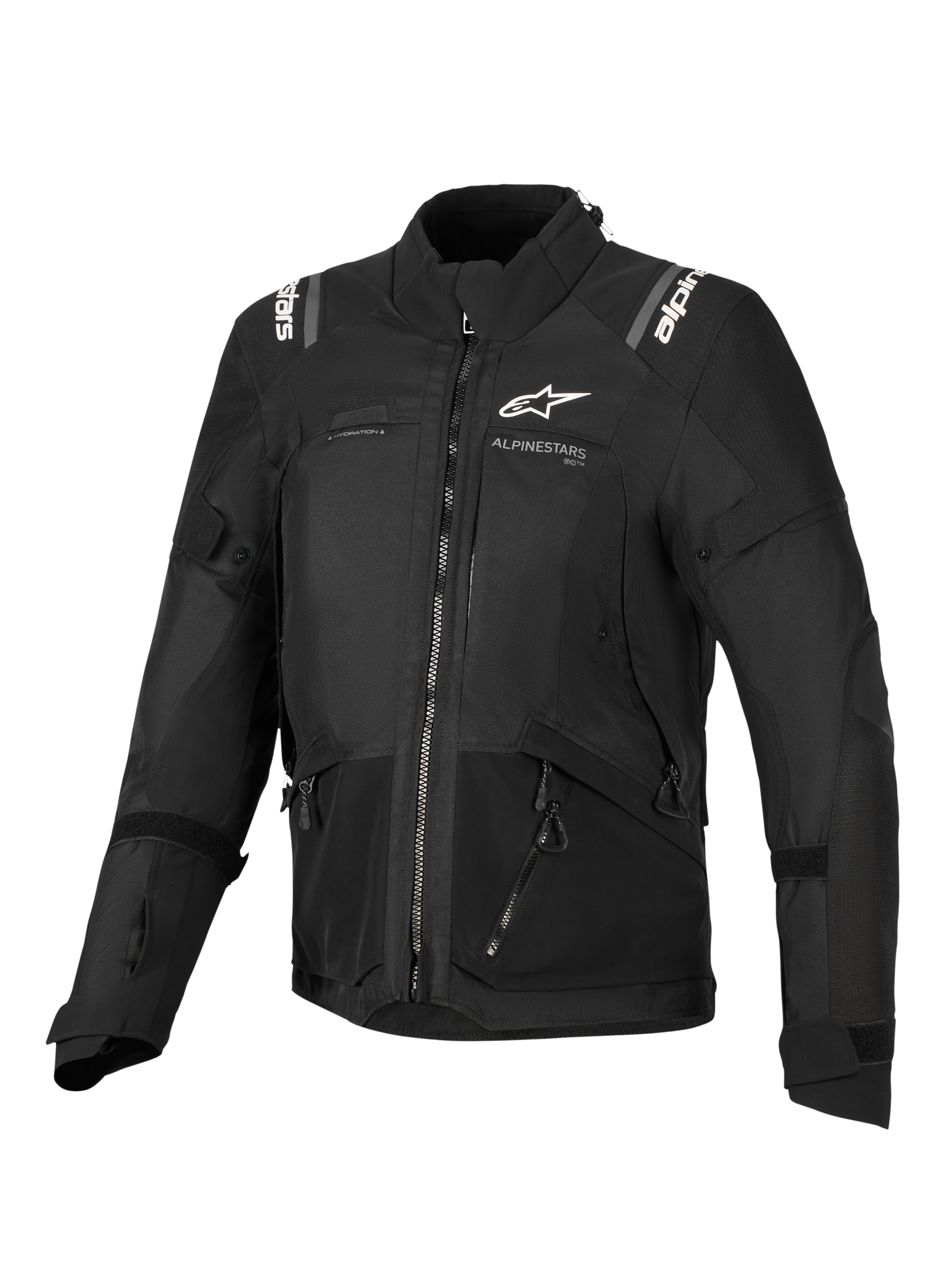 Alpinestars Stella Andes V4 Drystar® Jacket, Women's Motorcycle Jacket, Black, front view featuring white logos on the chest and shoulders, multi-panel textile design with zippers and reflective details, adventure-touring style
