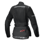 Alpinestars Stella Andes Air Drystar®, damska motocyklowa kurtka turystyczna, widok z tyłu, czarna, z rozległymi panelami z siatki, wzmocnieniami ripstop oraz kieszenią w dolnej części pleców z czerwonym logo