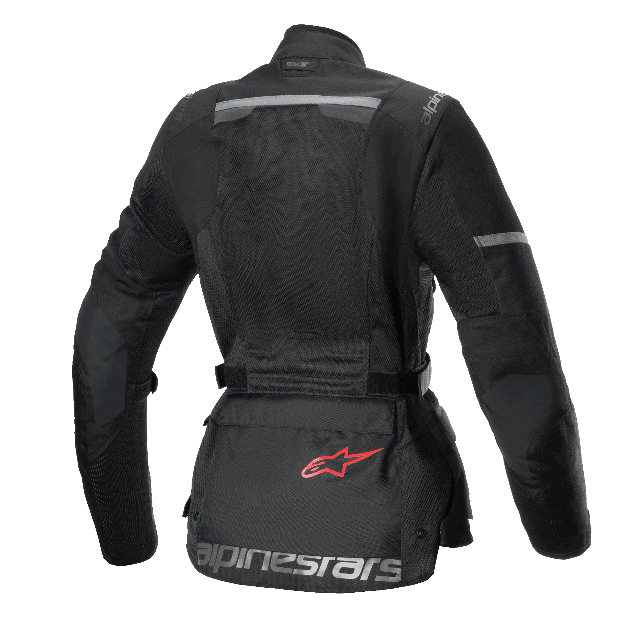 Alpinestars Stella Andes Air Drystar®, damska motocyklowa kurtka turystyczna, widok z tyłu, czarna, z rozległymi panelami z siatki, wzmocnieniami ripstop oraz kieszenią w dolnej części pleców z czerwonym logo