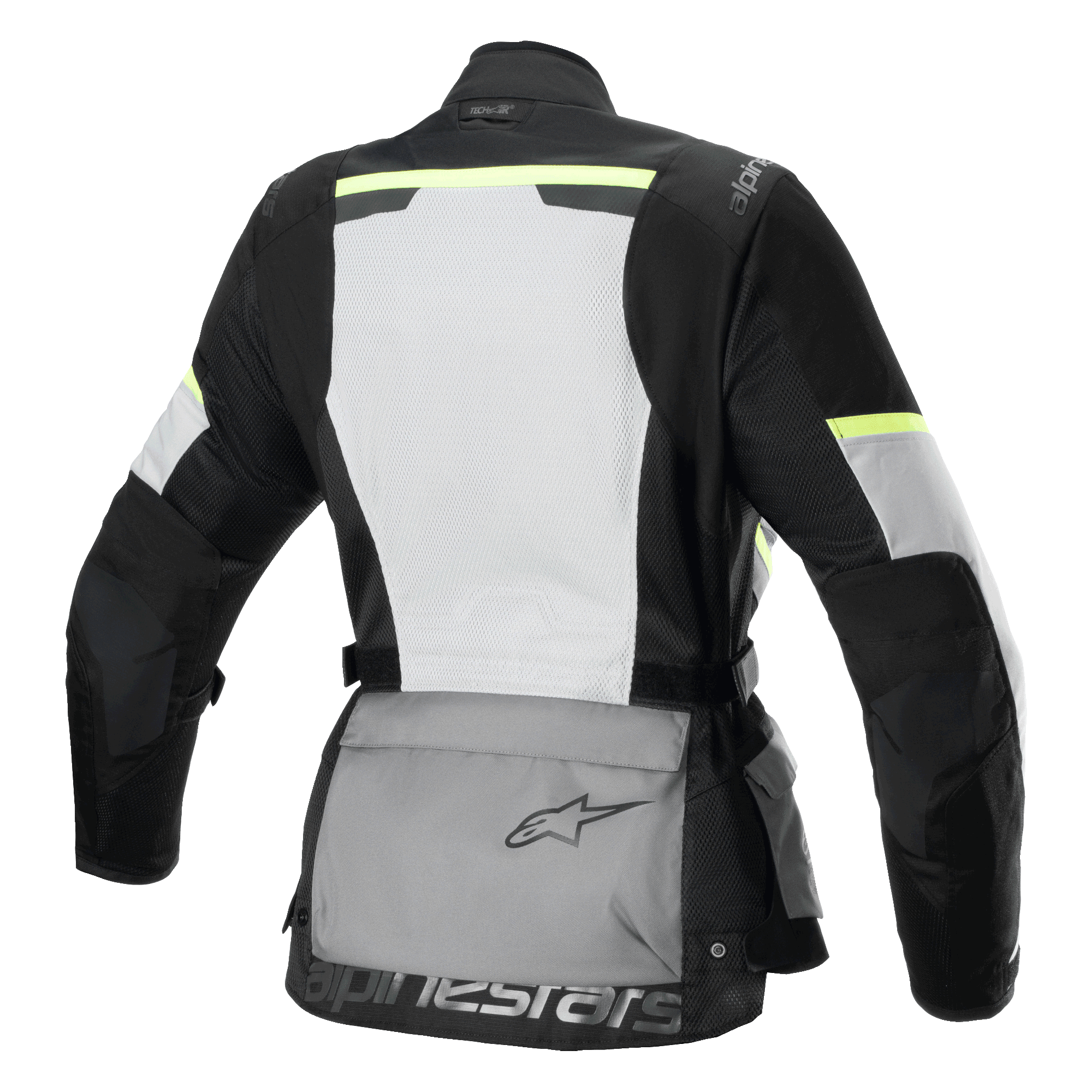 Alpinestars Stella Andes Air Drystar® Jacket, Women's Motorcycle Touring Jacket, Rear view, Ice Gray Dark Gray and Black, featuring a large white mesh back panel, grey rear storage pouch with logo, yellow hi-viz accents, and textile construction for airflow and protection.