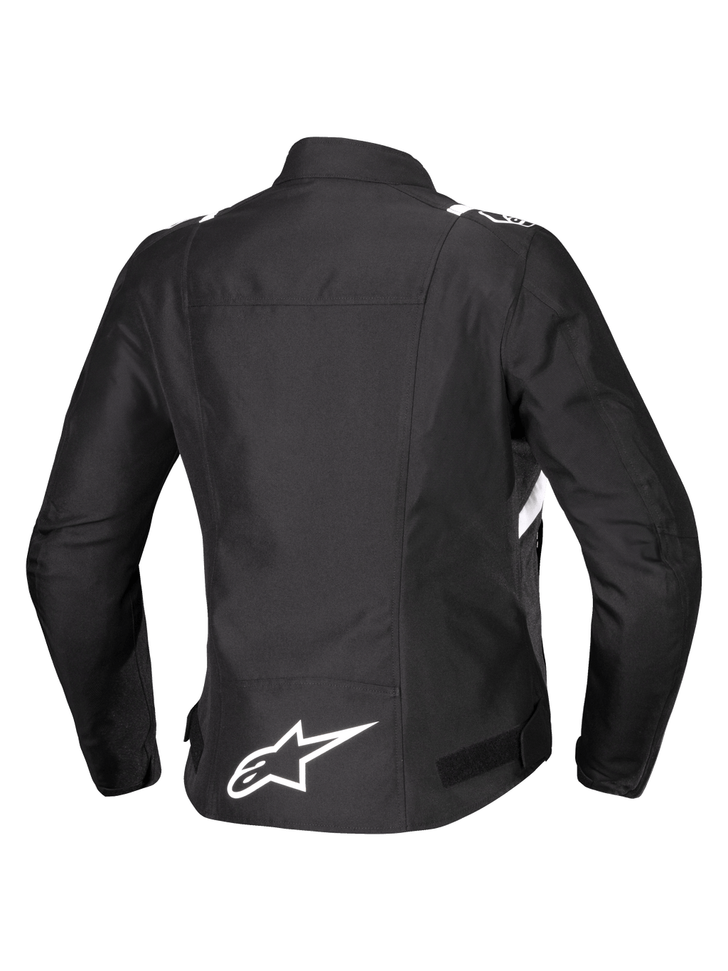 Alpinestars Stella T-SPS V2 Waterproof Jacket, widok z tyłu, damska tekstylna kurtka motocyklowa, czarna z białymi akcentami, białe logo gwiazdy Alpinestars na dole pleców, sportowa wyścigowa sylwetka