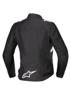 Alpinestars Stella T-SPS V2 Waterproof Jacket, widok z tyłu, damska tekstylna kurtka motocyklowa, czarna z białymi akcentami, białe logo gwiazdy Alpinestars na dole pleców, sportowa wyścigowa sylwetka