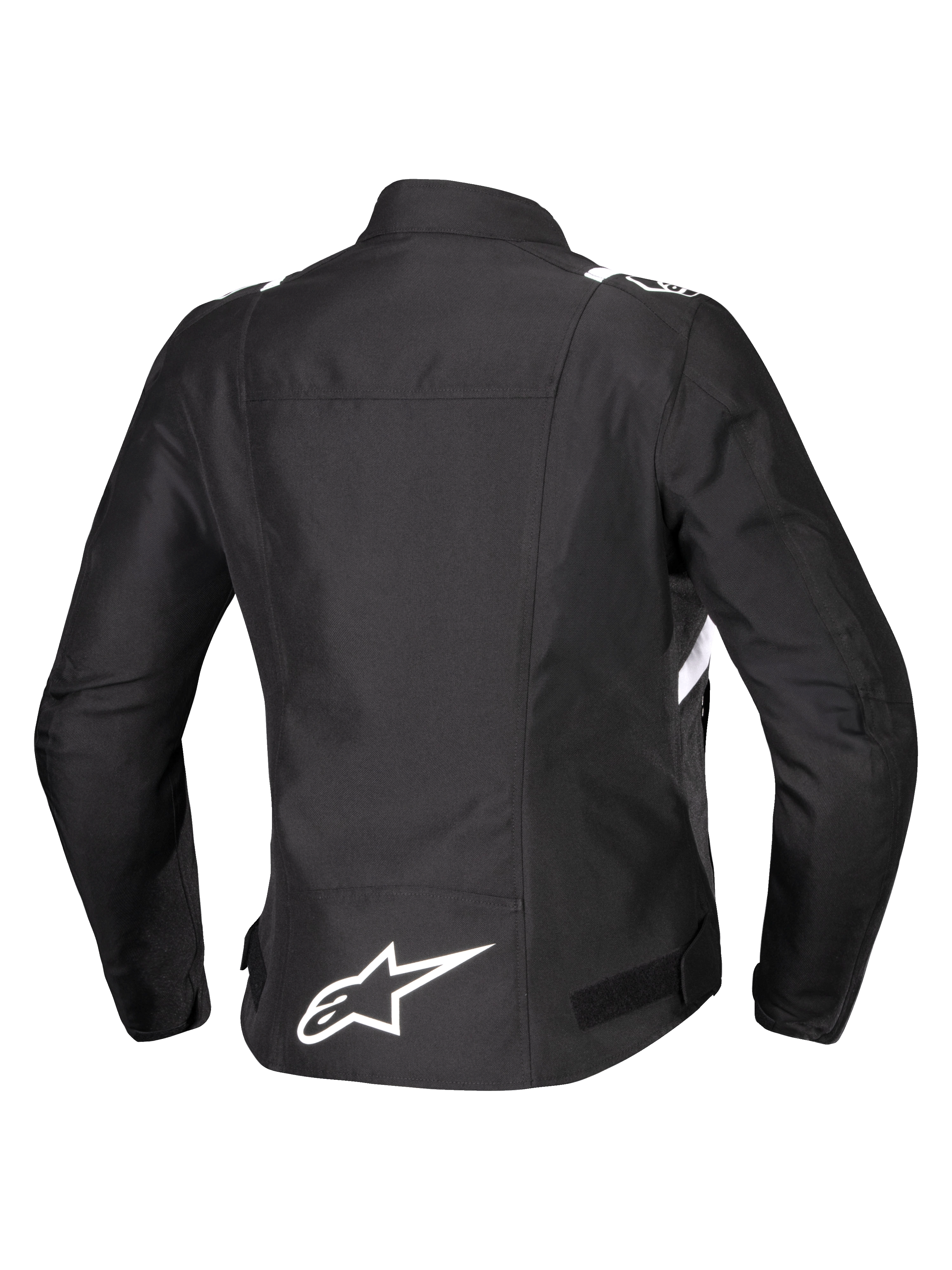 Alpinestars Stella T-SPS V2 Waterproof Jacket, widok z tyłu, damska tekstylna kurtka motocyklowa, czarna z białymi akcentami, białe logo gwiazdy Alpinestars na dole pleców, sportowa wyścigowa sylwetka