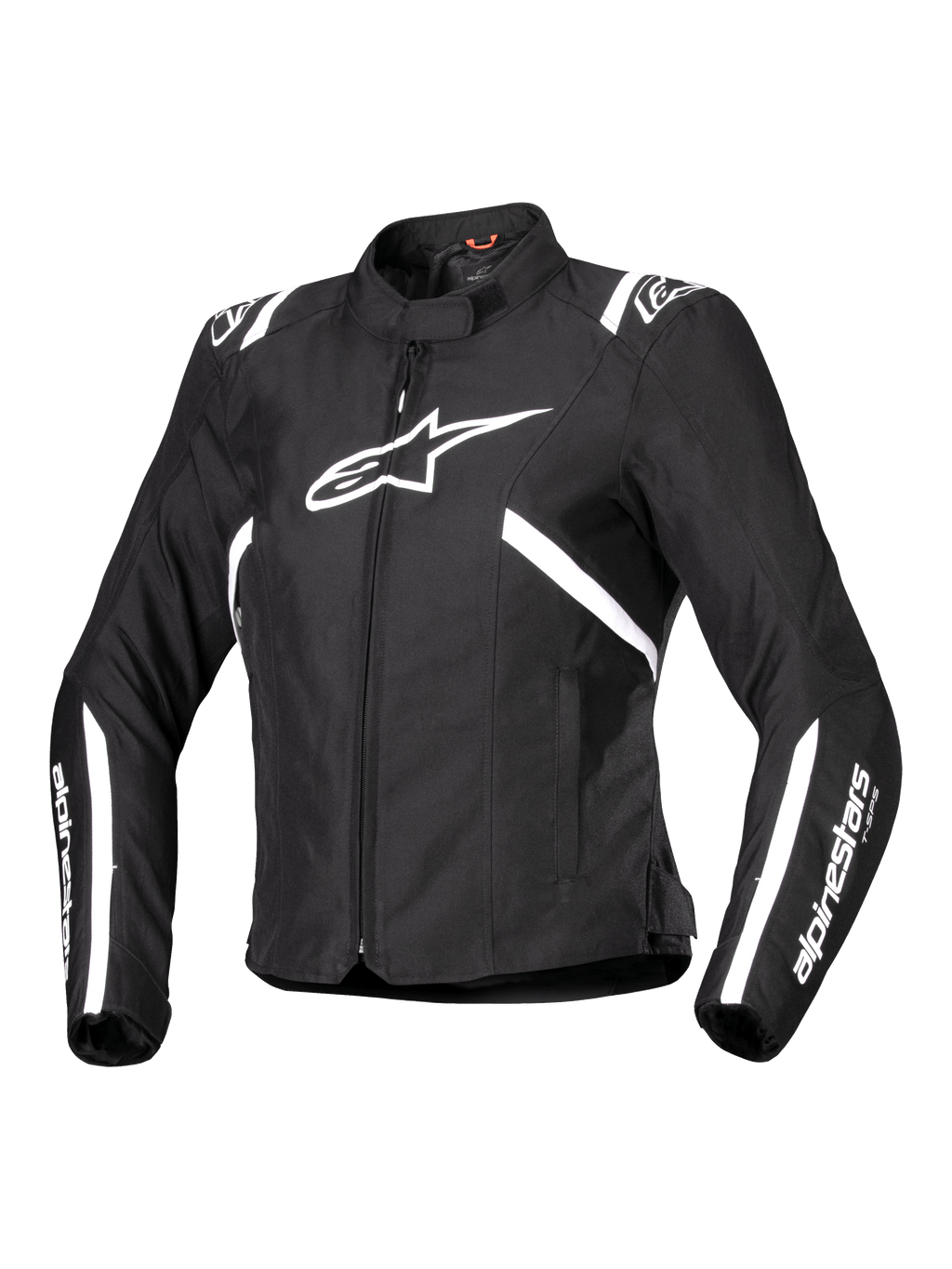 Alpinestars Stella T-SPS V2 Waterproof Jacket, damska kurtka motocyklowa, czarno-biała, z dużym białym logo gwiazdy na piersi, białe paski na ramionach i rękawach, smukła sylwetka inspirowana wyścigami, wysoki kołnierz, wytrzymały materiał tekstylny