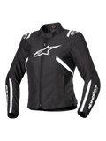 Alpinestars Stella T-SPS V2 Waterproof Jacket, damska kurtka motocyklowa, czarno-biała, z dużym białym logo gwiazdy na piersi, białe paski na ramionach i rękawach, smukła sylwetka inspirowana wyścigami, wysoki kołnierz, wytrzymały materiał tekstylny
