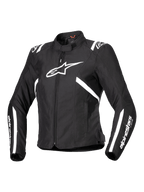 Alpinestars Stella T-SPS V2 Waterproof Jacket, damska kurtka motocyklowa, czarno-biała, z dużym białym logo gwiazdy na piersi, białe paski na ramionach i rękawach, smukła sylwetka inspirowana wyścigami, wysoki kołnierz, wytrzymały materiał tekstylny