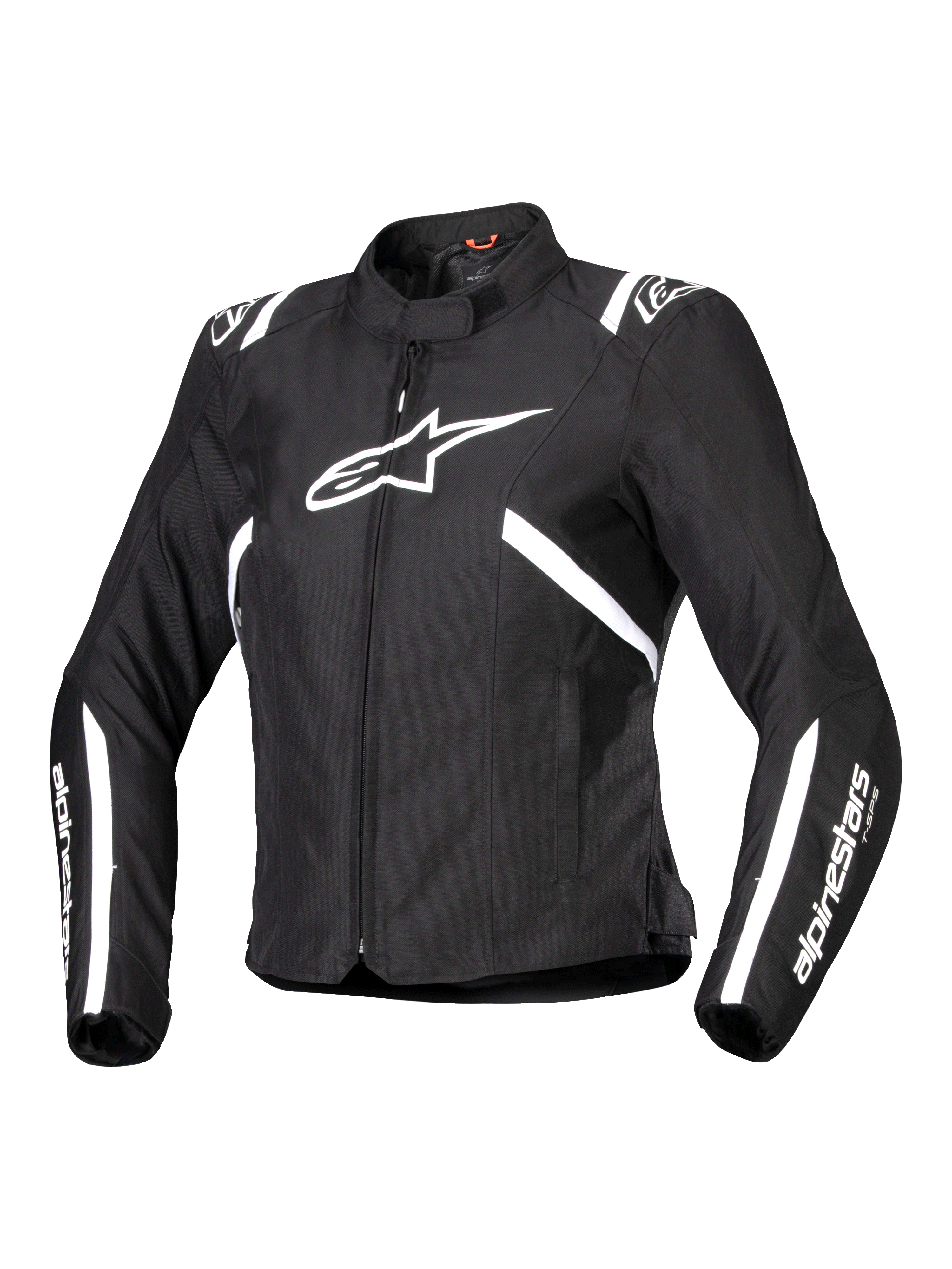 Alpinestars Stella T-SPS V2 Waterproof Jacket, damska kurtka motocyklowa, czarno-biała, z dużym białym logo gwiazdy na piersi, białe paski na ramionach i rękawach, smukła sylwetka inspirowana wyścigami, wysoki kołnierz, wytrzymały materiał tekstylny