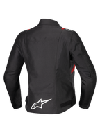 Alpinestars Stella T-SPS V2 Waterproof Jacket, widok z tyłu, czarna z czerwonymi i białymi akcentami, damska tekstylna kurtka motocyklowa z dużym białym logo Alpinestars na dole pleców i sportową sylwetką