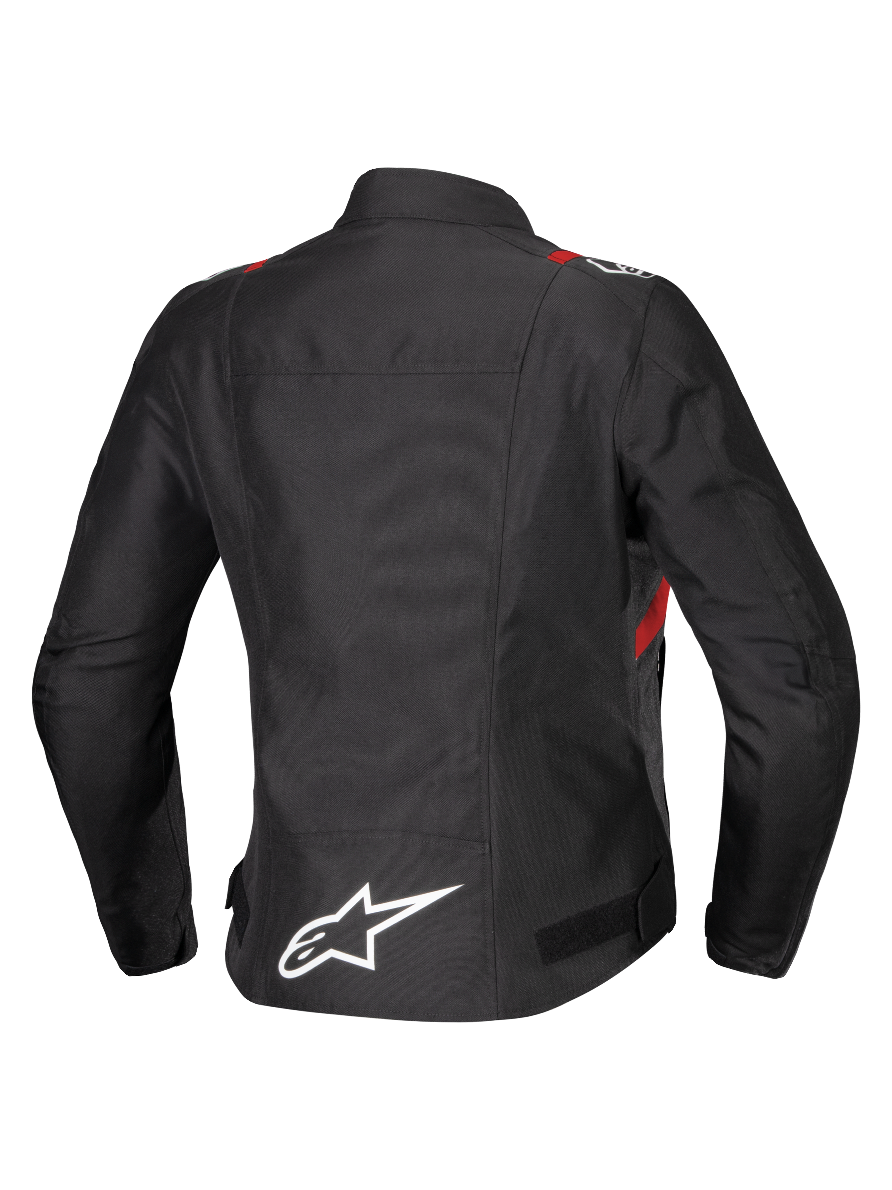 Alpinestars Stella T-SPS V2 Waterproof Jacket, widok z tyłu, czarna z czerwonymi i białymi akcentami, damska tekstylna kurtka motocyklowa z dużym białym logo Alpinestars na dole pleców i sportową sylwetką