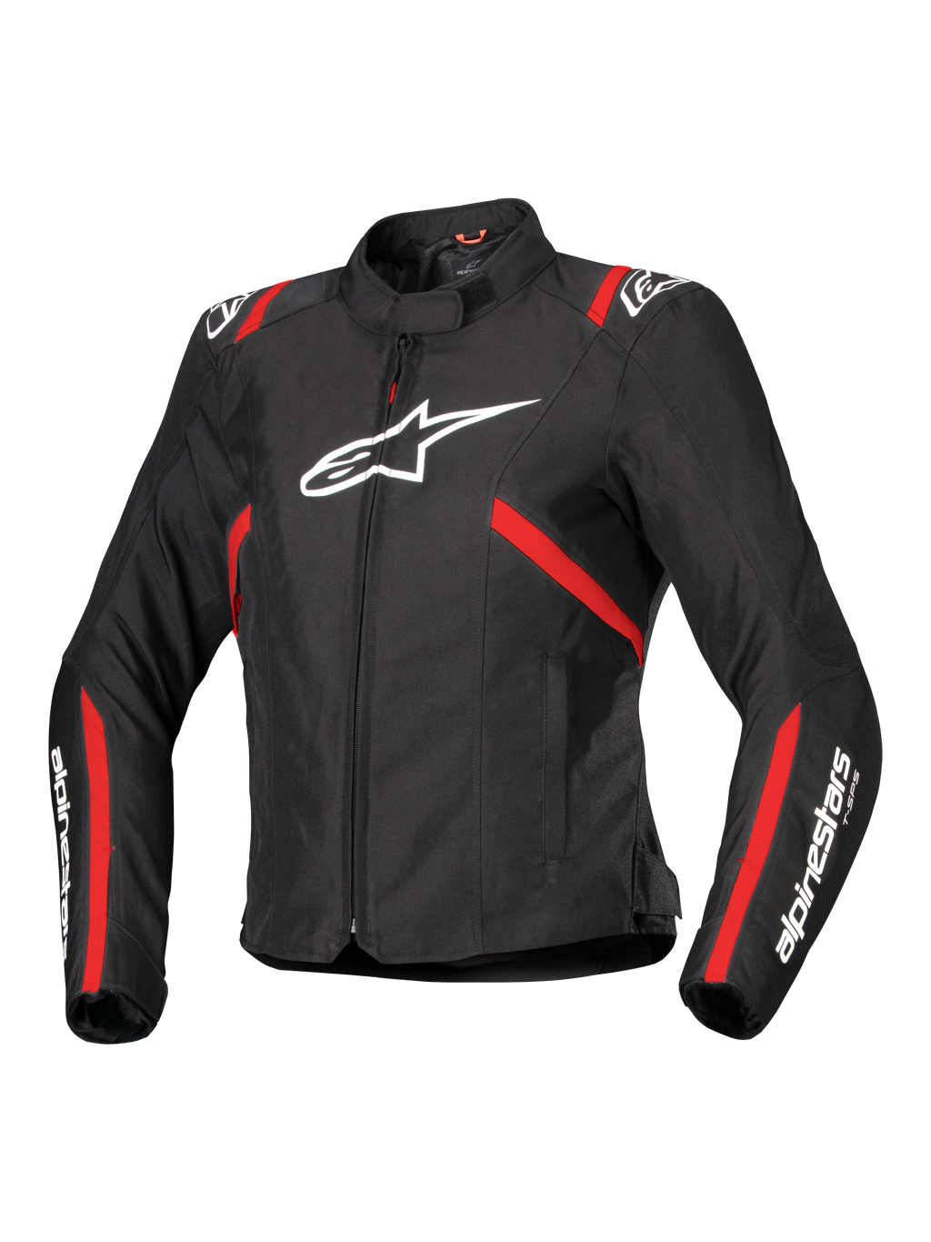 Alpinestars Stella T-SPS V2 Waterproof Jacket, damska sportowa kurtka motocyklowa, czarna z czerwonymi pasami i białym logo, dopasowany krój inspirowany wyścigami, z wysokim kołnierzem i zamkiem błyskawicznym z przodu