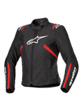Alpinestars Stella T-SPS V2 Waterproof Jacket, damska sportowa kurtka motocyklowa, czarna z czerwonymi pasami i białym logo, dopasowany krój inspirowany wyścigami, z wysokim kołnierzem i zamkiem błyskawicznym z przodu