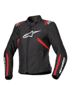 Alpinestars Stella T-SPS V2 Waterproof Jacket, damska sportowa kurtka motocyklowa, czarna z czerwonymi pasami i białym logo, dopasowany krój inspirowany wyścigami, z wysokim kołnierzem i zamkiem błyskawicznym z przodu