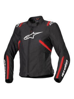 Alpinestars Stella T-SPS V2 Waterproof Jacket, Women's Sport Motorcycle Jacket, Black with Red Stripes and White Logos, race-inspired fitted design, featuring a high collar and front zipper