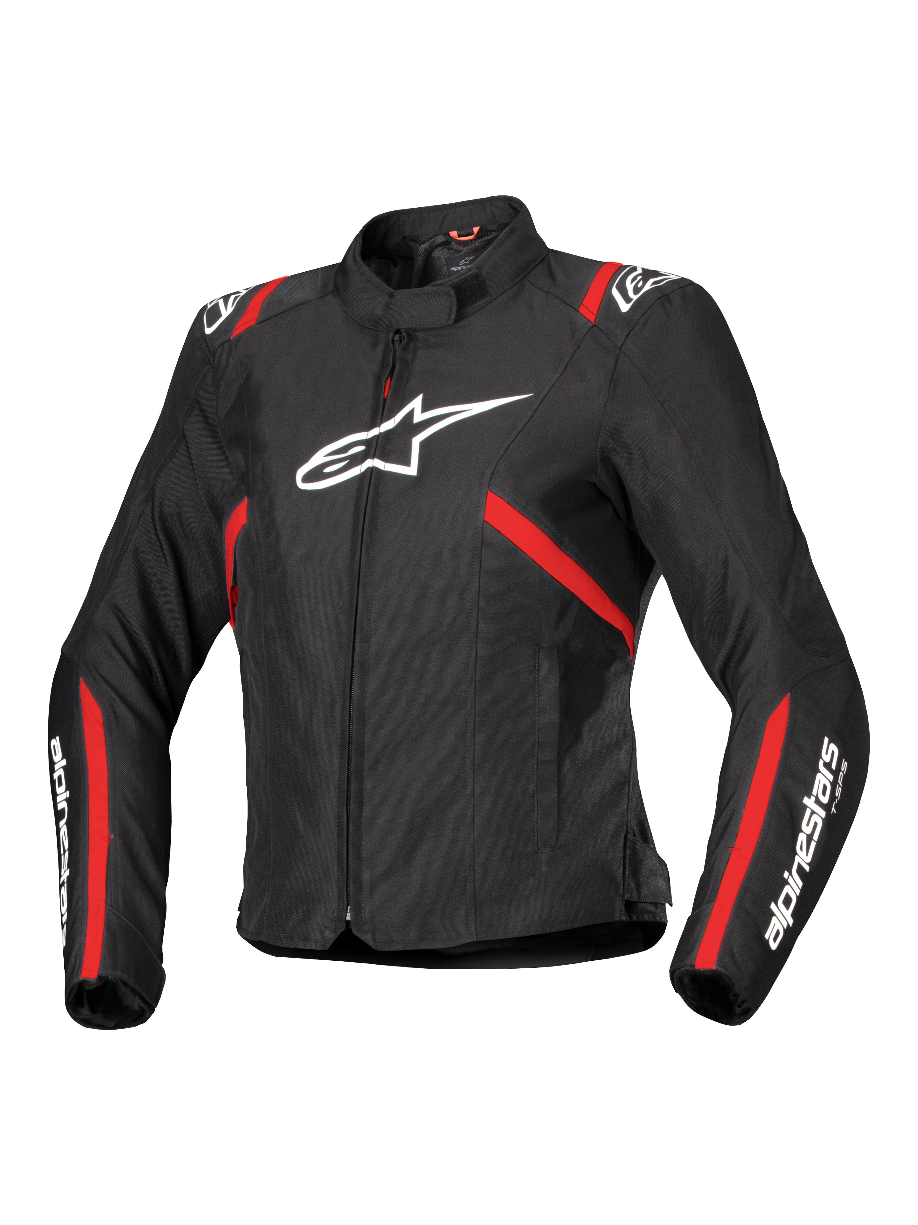 Alpinestars Stella T-SPS V2 Waterproof Jacket, damska sportowa kurtka motocyklowa, czarna z czerwonymi pasami i białym logo, dopasowany krój inspirowany wyścigami, z wysokim kołnierzem i zamkiem błyskawicznym z przodu