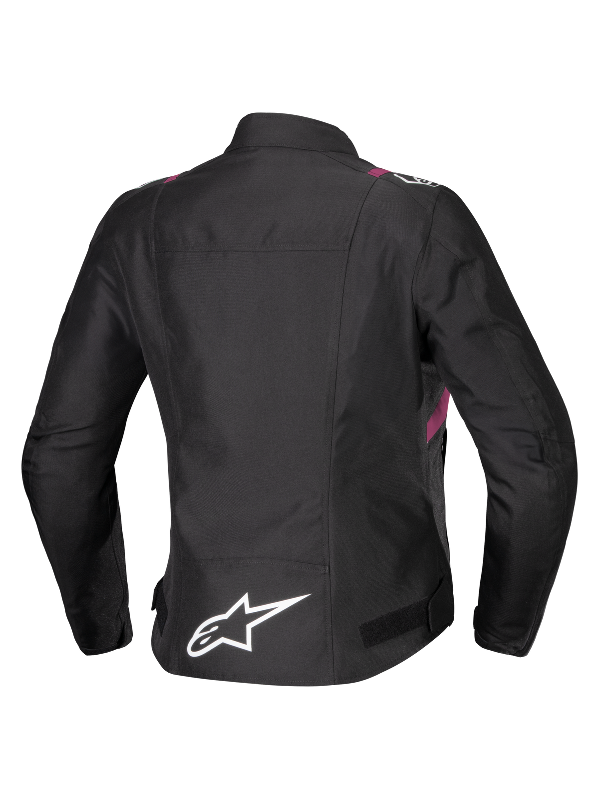 Kurtka Alpinestars Stella T-SPS V2 Waterproof, damska kurtka motocyklowa, czarna z białymi i różowymi akcentami Diva Pink, widok z tyłu ukazujący białe logo gwiazdy na dole pleców, sportowa sylwetka z trwałym wykończeniem tekstylnym