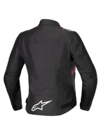 Kurtka Alpinestars Stella T-SPS V2 Waterproof, damska kurtka motocyklowa, czarna z białymi i różowymi akcentami Diva Pink, widok z tyłu ukazujący białe logo gwiazdy na dole pleców, sportowa sylwetka z trwałym wykończeniem tekstylnym