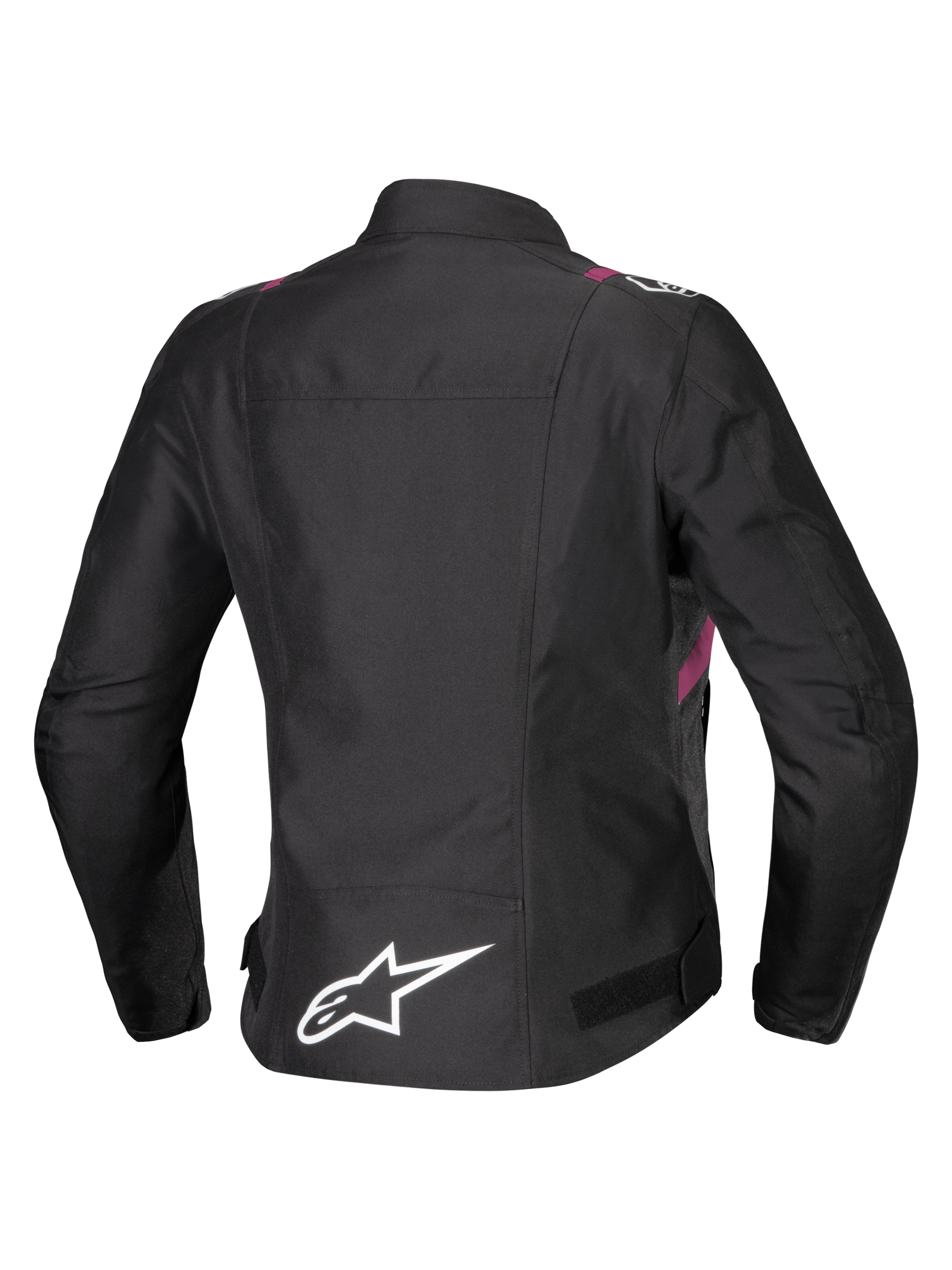 Kurtka Alpinestars Stella T-SPS V2 Waterproof, damska kurtka motocyklowa, czarna z białymi i różowymi akcentami Diva Pink, widok z tyłu ukazujący białe logo gwiazdy na dole pleców, sportowa sylwetka z trwałym wykończeniem tekstylnym