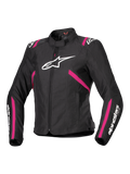 Alpinestars Stella T-SPS V2 Waterproof Jacket, damska tekstylna kurtka motocyklowa, czarna z akcentami Diva Pink i białym, duże białe logo Alpinestars na klatce piersiowej, różowe paski na tułowiu i rękawach, białe oznaczenia na przedramionach, sportowy dopasowany krój do jazdy w każdych warunkach pogodowych