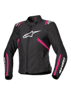 Alpinestars Stella T-SPS V2 Waterproof Jacket, damska tekstylna kurtka motocyklowa, czarna z akcentami Diva Pink i białym, duże białe logo Alpinestars na klatce piersiowej, różowe paski na tułowiu i rękawach, białe oznaczenia na przedramionach, sportowy dopasowany krój do jazdy w każdych warunkach pogodowych
