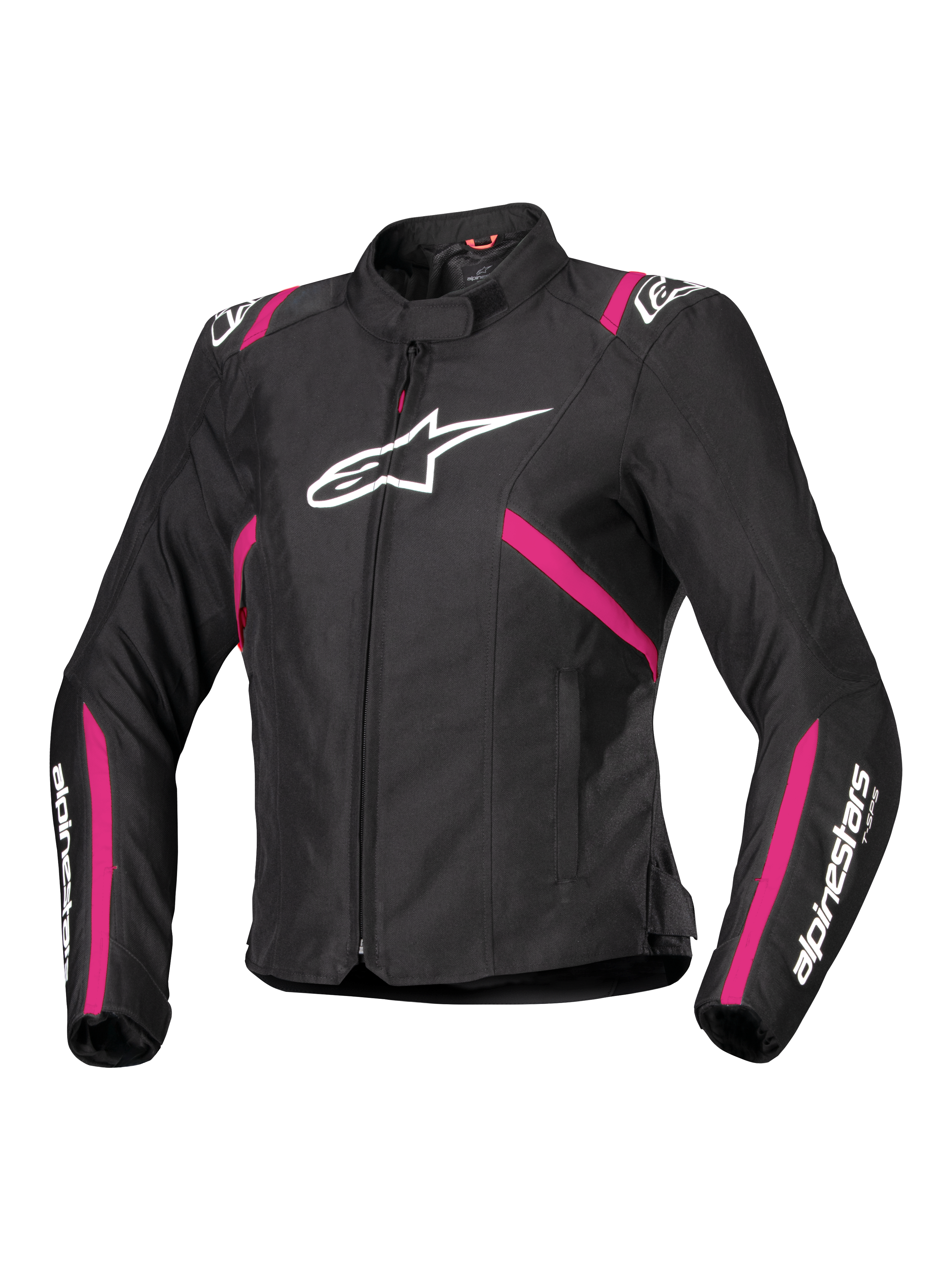 Alpinestars Stella T-SPS V2 Waterproof Jacket, damska tekstylna kurtka motocyklowa, czarna z akcentami Diva Pink i białym, duże białe logo Alpinestars na klatce piersiowej, różowe paski na tułowiu i rękawach, białe oznaczenia na przedramionach, sportowy dopasowany krój do jazdy w każdych warunkach pogodowych