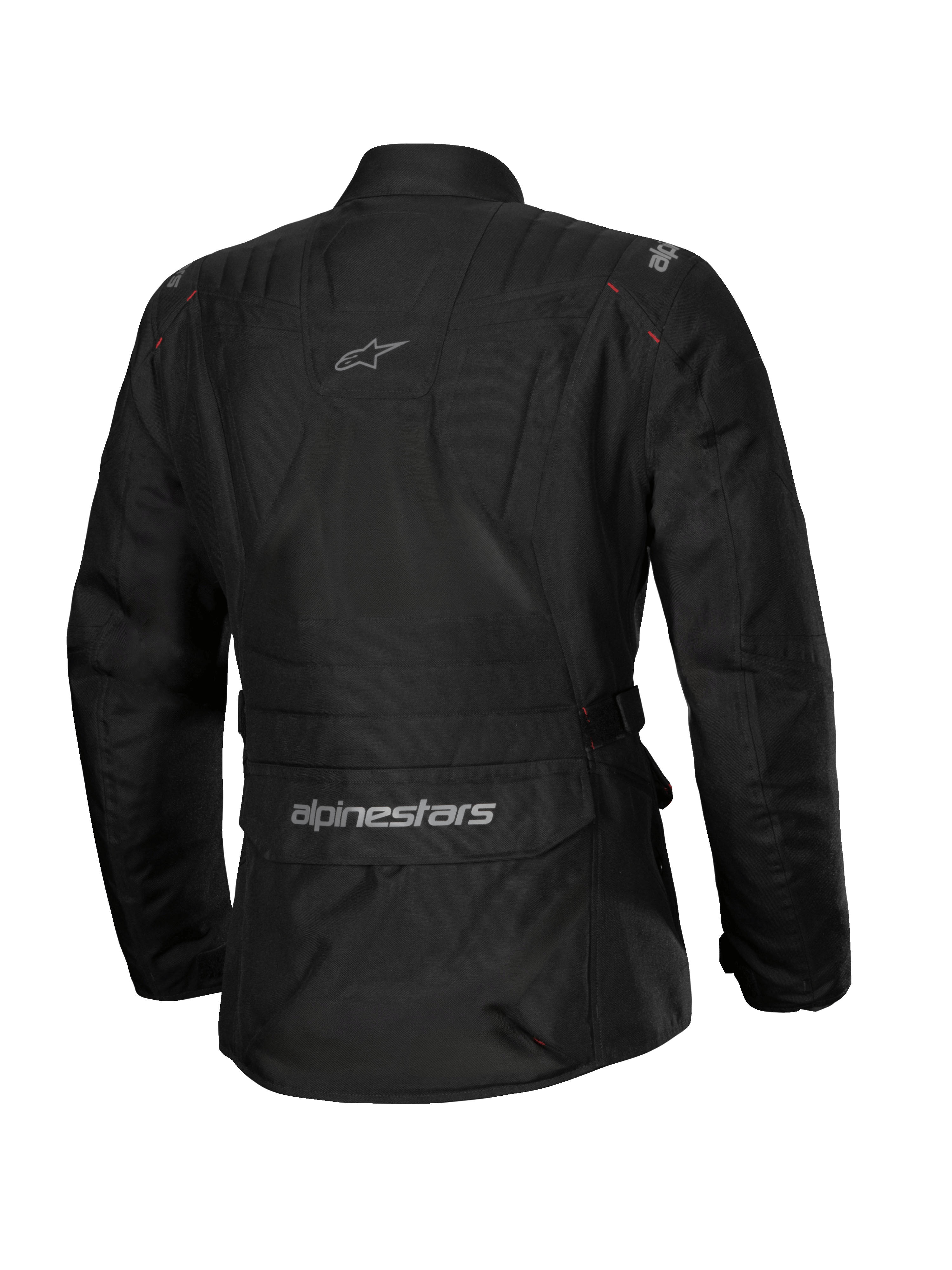 Wodoodporna kurtka Alpinestars Stella ST-1, damska kurtka motocyklowa, czarna, widok z tyłu z dużą kieszenią cargo z logo na dole pleców, styl adventure touring z subtelnym brandingiem w górnej części pleców, wytrzymała wodoodporna konstrukcja tekstylna