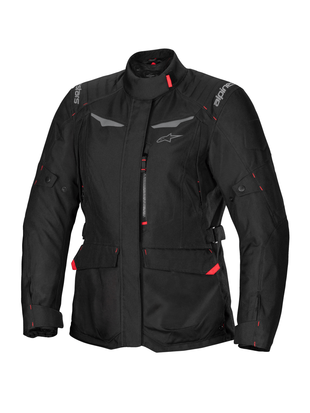 Alpinestars Stella ST-1 Waterproof Jacket, damska kurtka motocyklowa touringowa, czarna z czerwonymi akcentami, wysoki kołnierz, przedni zamek błyskawiczny, duże kieszenie cargo w pasie, regulowane paski w pasie i mankietach, konstrukcja odporna na warunki atmosferyczne