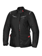 Alpinestars Stella ST-1 Waterproof Jacket, damska kurtka motocyklowa touringowa, czarna z czerwonymi akcentami, wysoki kołnierz, przedni zamek błyskawiczny, duże kieszenie cargo w pasie, regulowane paski w pasie i mankietach, konstrukcja odporna na warunki atmosferyczne
