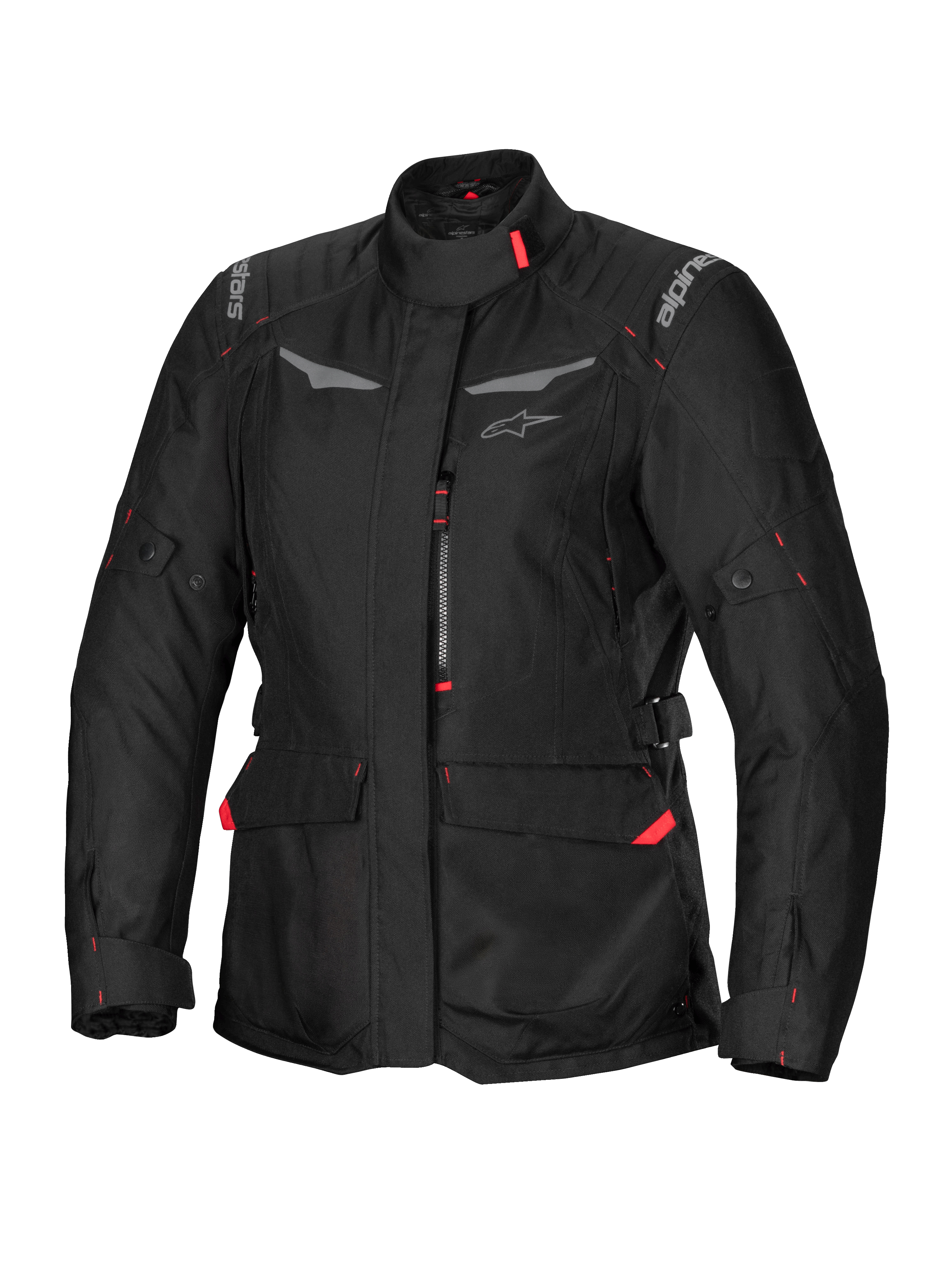 Alpinestars Stella ST-1 Waterproof Jacket, damska kurtka motocyklowa touringowa, czarna z czerwonymi akcentami, wysoki kołnierz, przedni zamek błyskawiczny, duże kieszenie cargo w pasie, regulowane paski w pasie i mankietach, konstrukcja odporna na warunki atmosferyczne