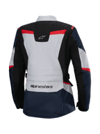 Alpinestars Stella ST-1 Waterproof Jacket, Back View, Dark Blue and Black with Light Grey and Bright Red accents, Women's adventure touring jacket featuring Alpinestars branding and ergonomic construction.