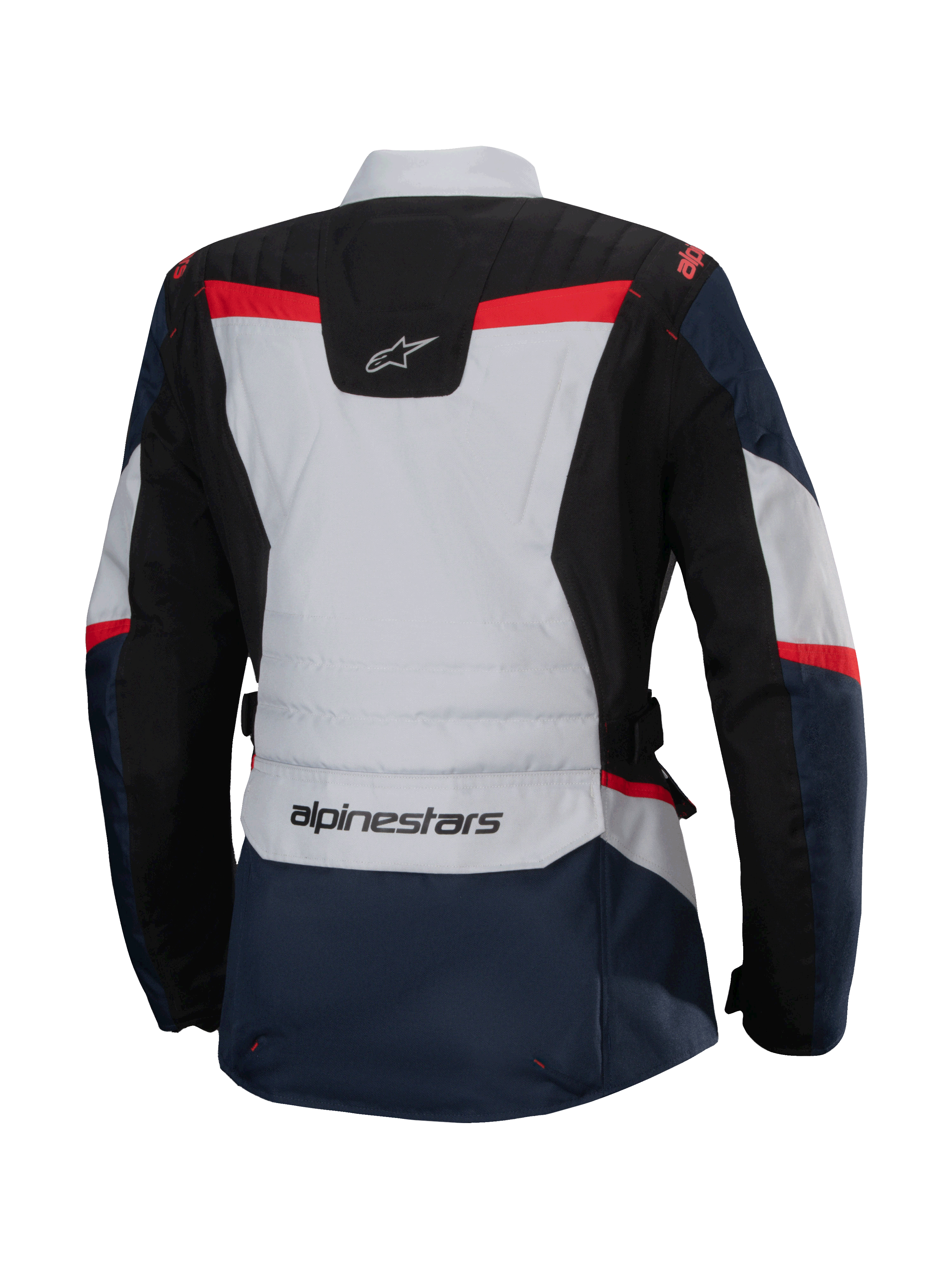 Alpinestars Stella ST-1 Waterproof Jacket, Back View, Dark Blue and Black with Light Grey and Bright Red accents, Women's adventure touring jacket featuring Alpinestars branding and ergonomic construction.