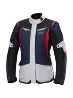 Alpinestars Stella ST-1 Waterproof Jacket, women's motorcycle touring jacket, Dark Blue, Black, and Bright Red, featuring light gray panels, high collar, front zipper, and adventure-inspired design with angular shapes and cargo pockets